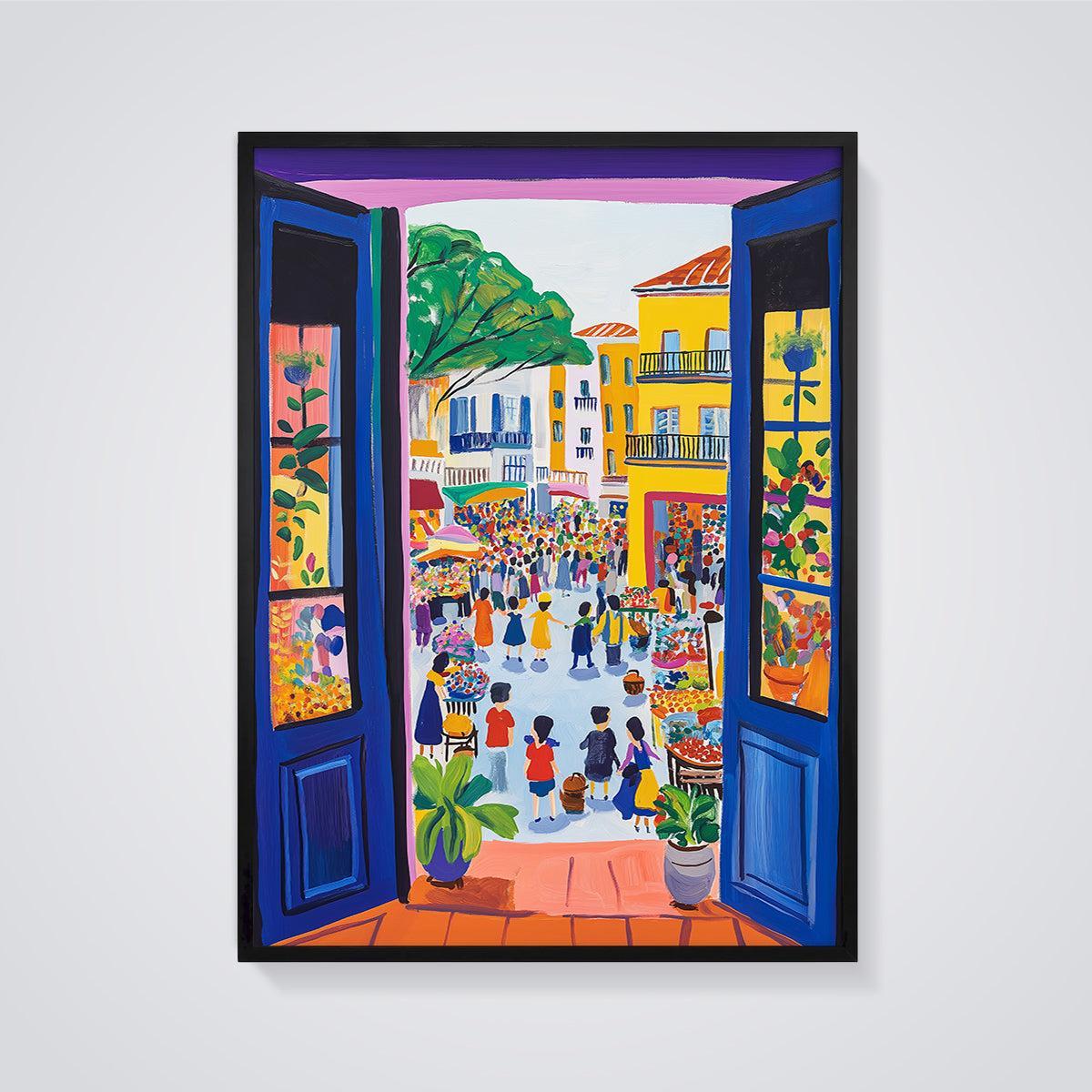 Vibrant Market View Print Aesthetic framed in black on a grey background