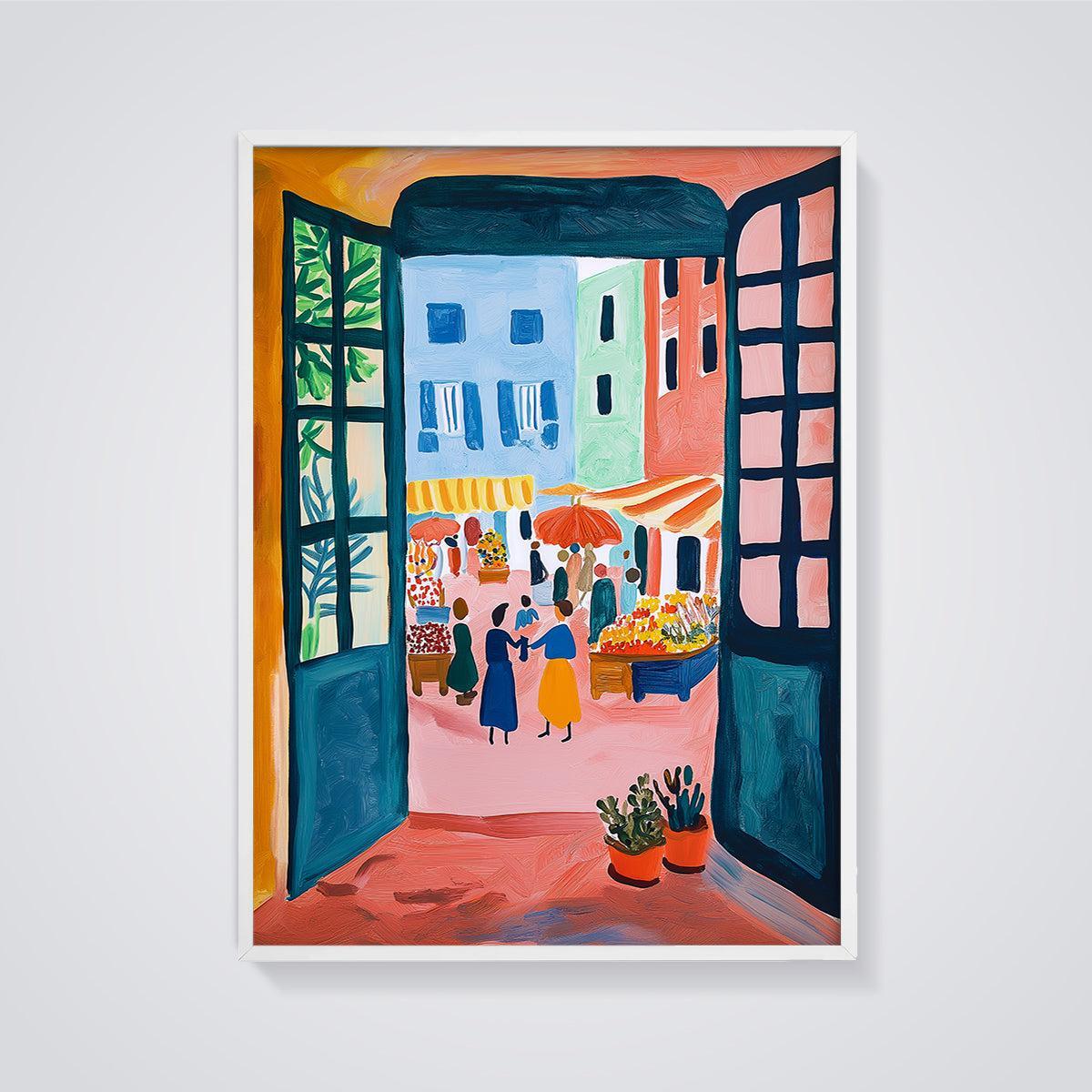 Vibrant Market View Print framed in white on a grey background