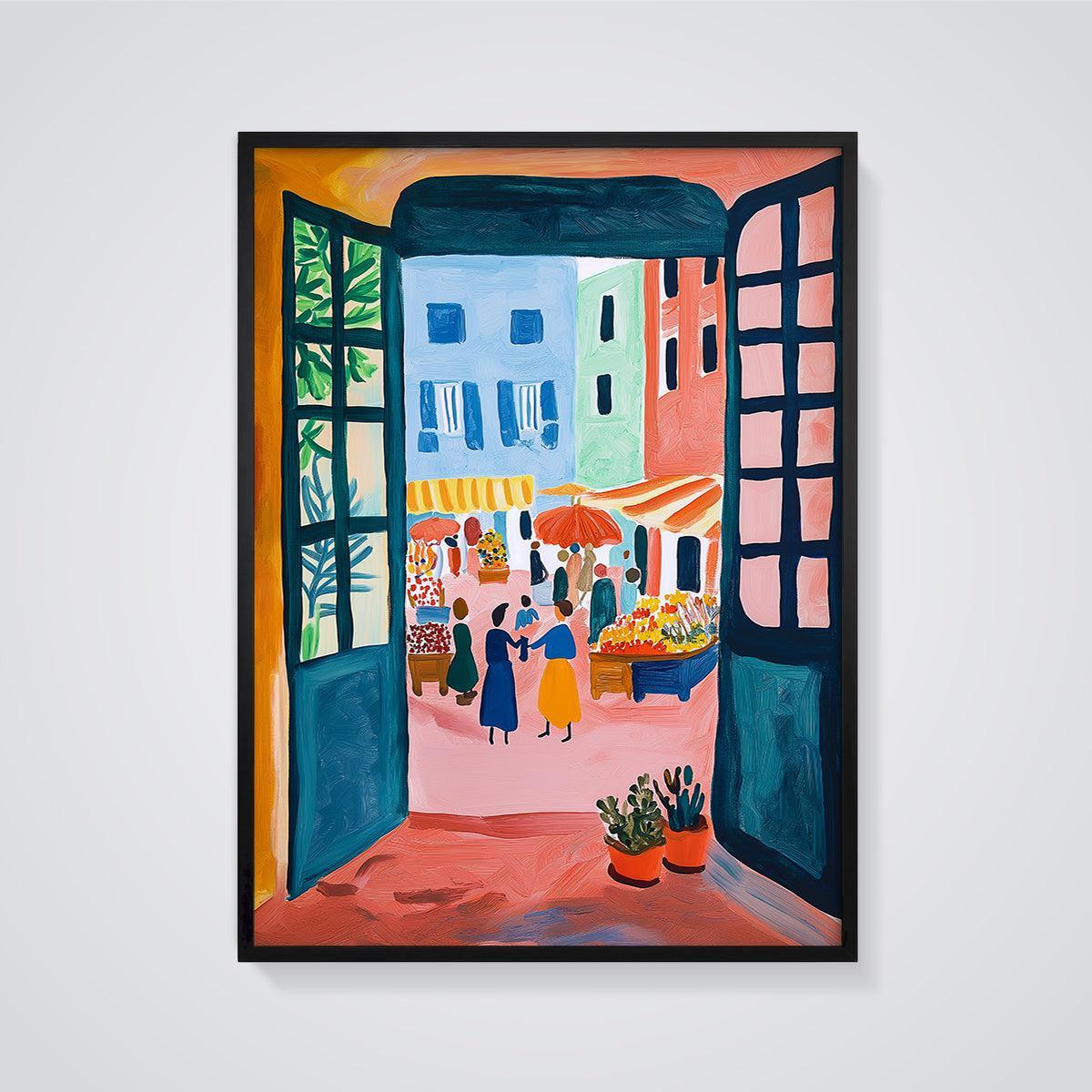 Vibrant Market View Print framed in black on a grey background