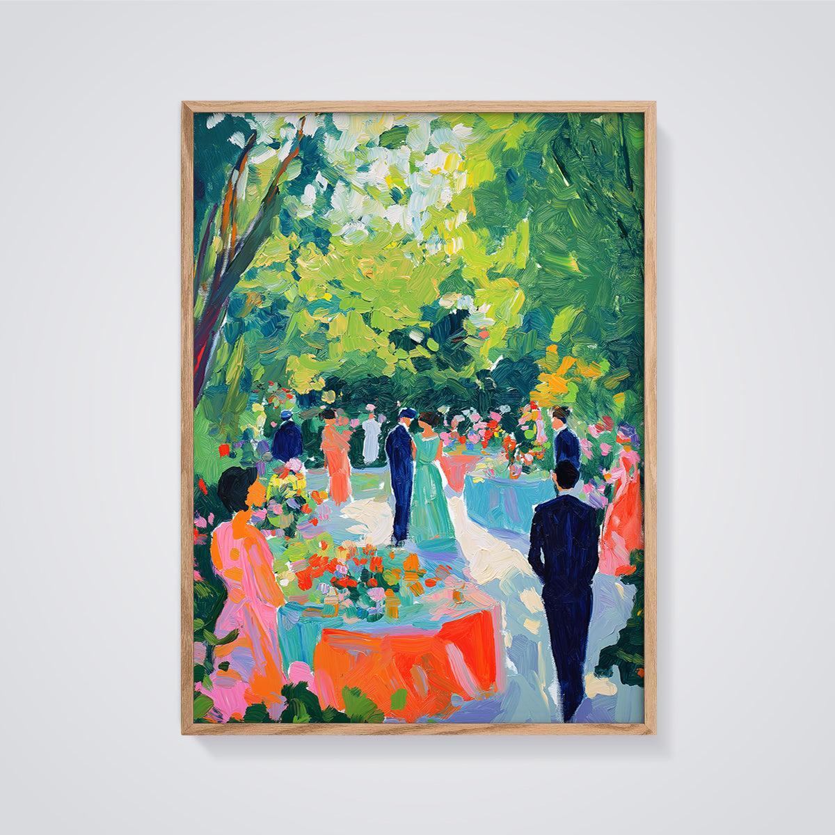 Vibrant Garden Party Print framed in oak on a grey background