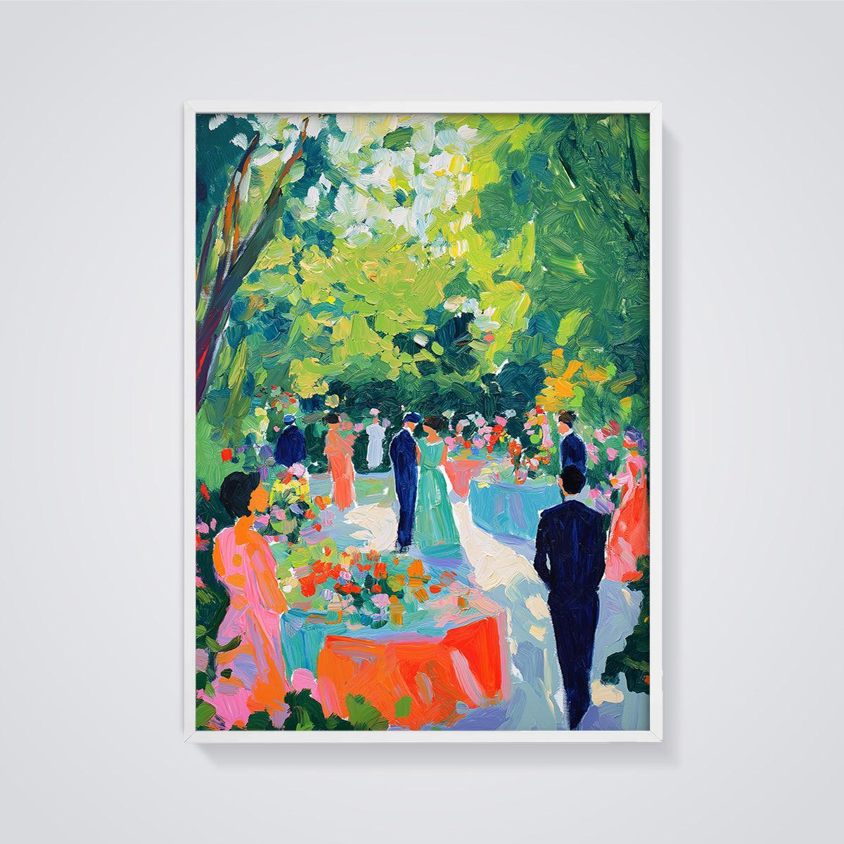 Vibrant Garden Party Print framed in white on a grey background