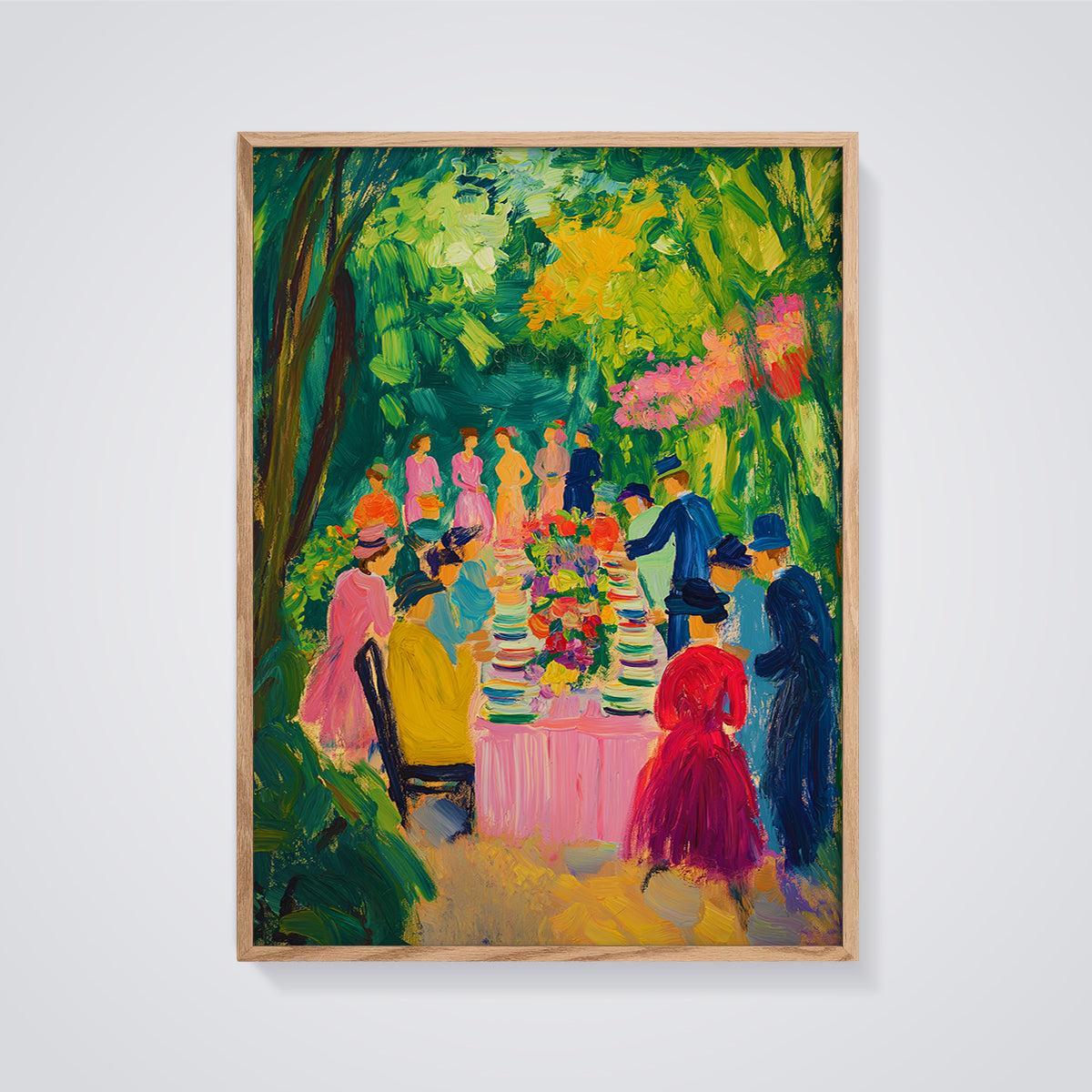 Vibrant Garden Party Print Poster framed in oak on a grey background