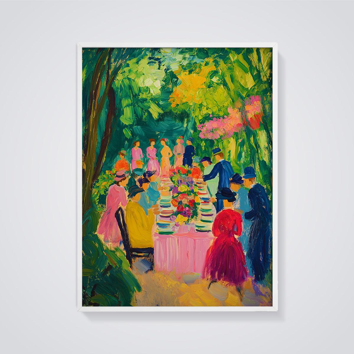 Vibrant Garden Party Print Poster framed in white on a grey background