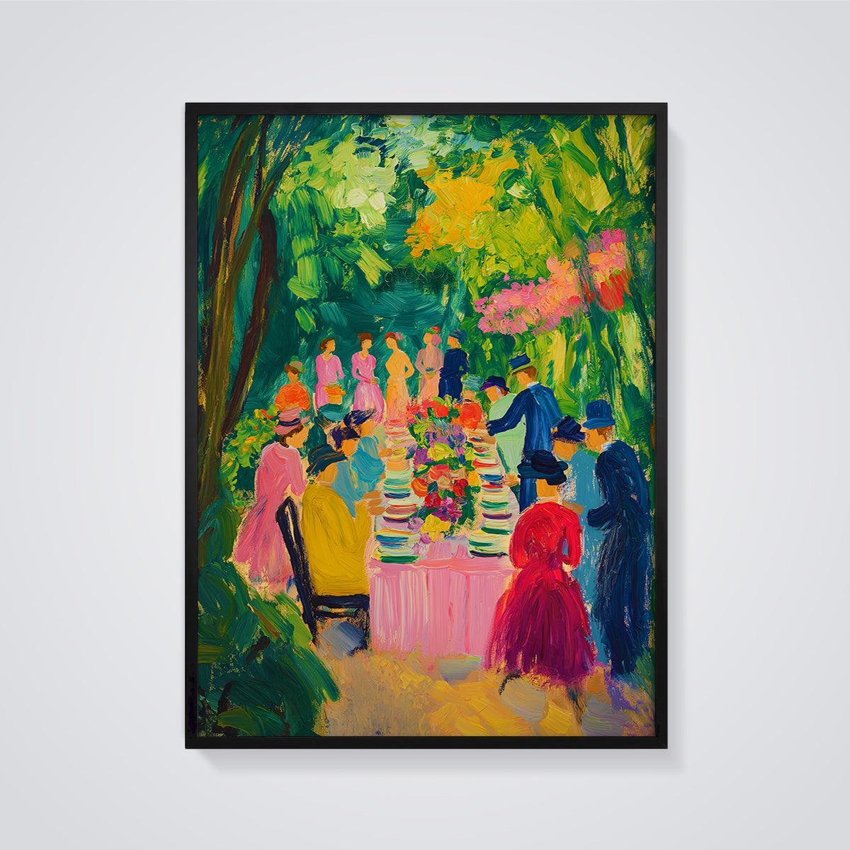 Vibrant Garden Party Print Poster framed in black on a grey background
