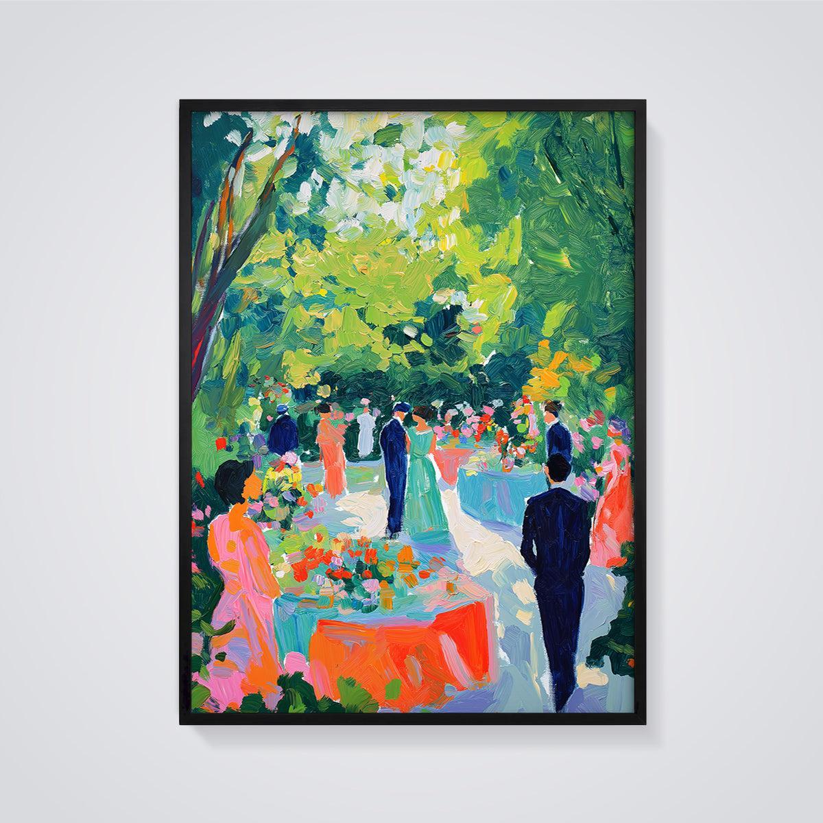 Vibrant Garden Party Print framed in black on a grey background