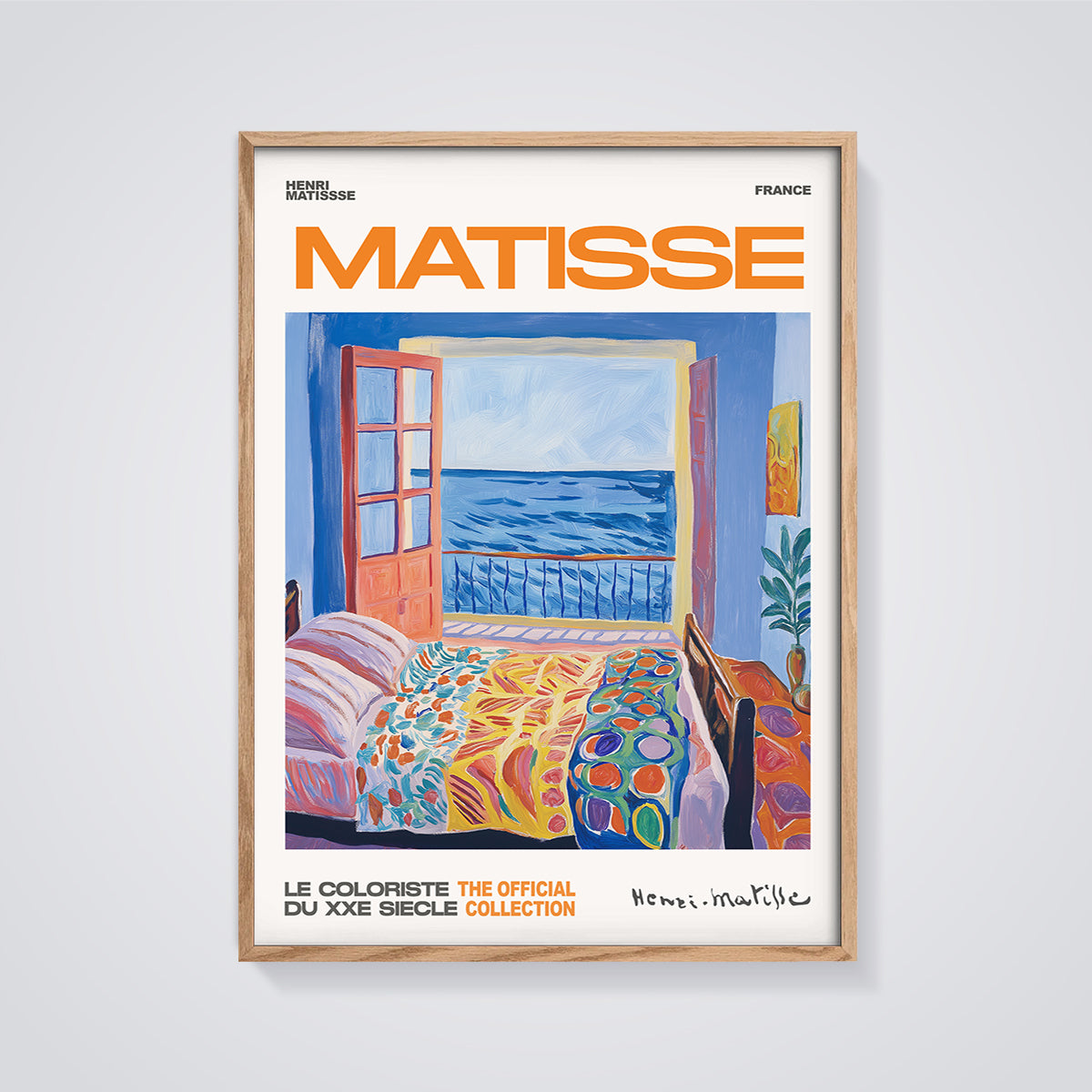 Matisse Interior Seascape Print framed in oak on a grey background