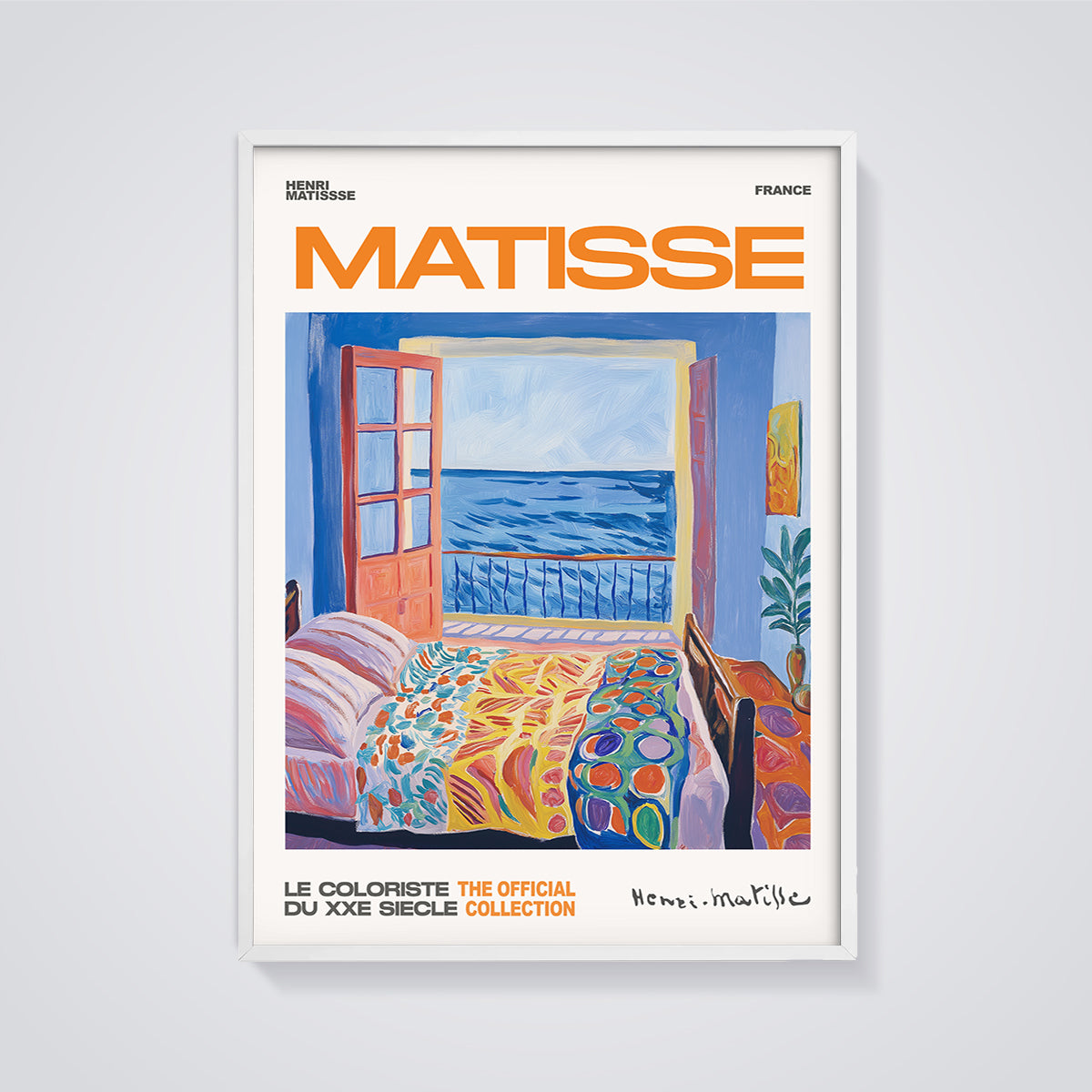 Matisse Interior Seascape Print framed in white on a grey background