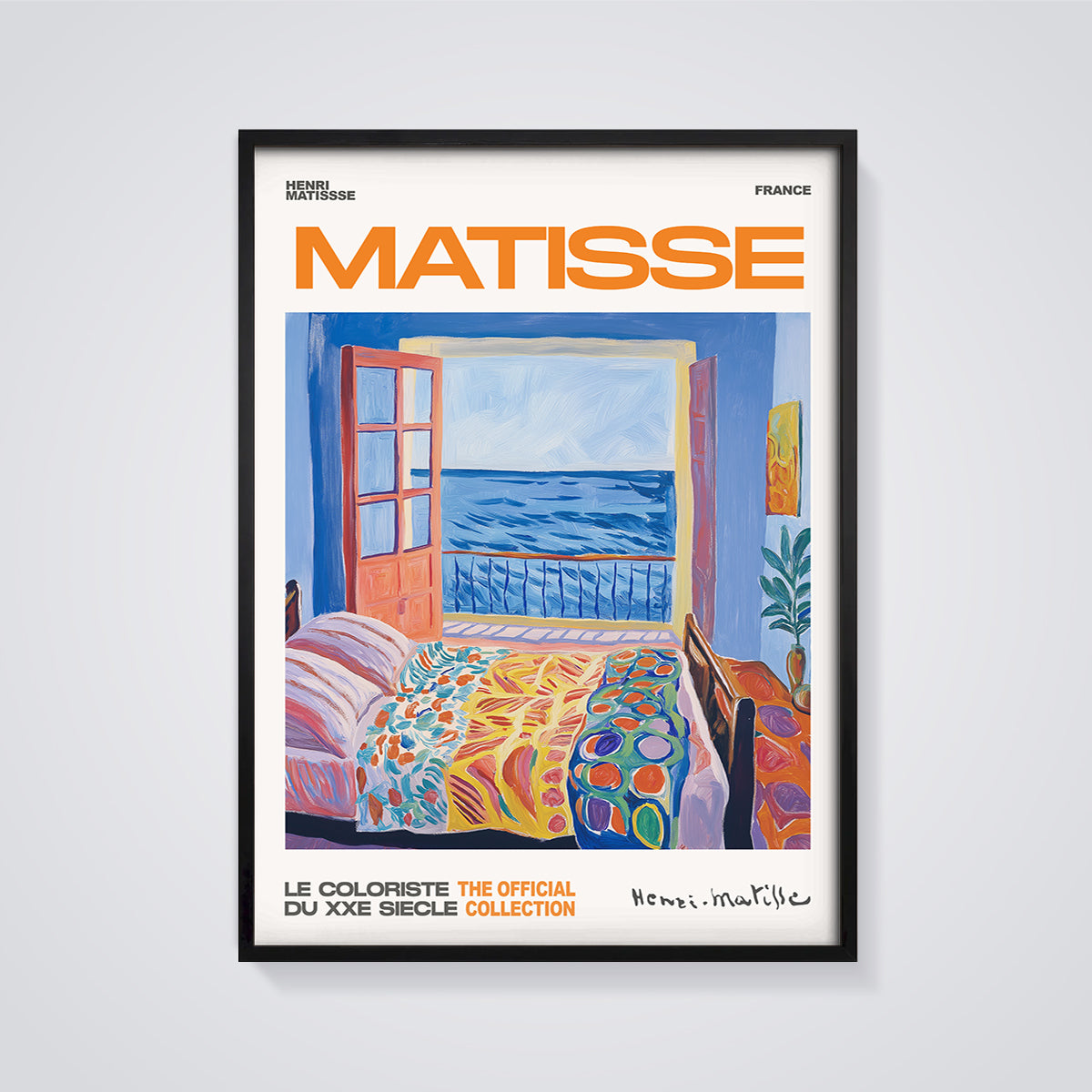 Matisse Interior Seascape Print framed in black on a grey background