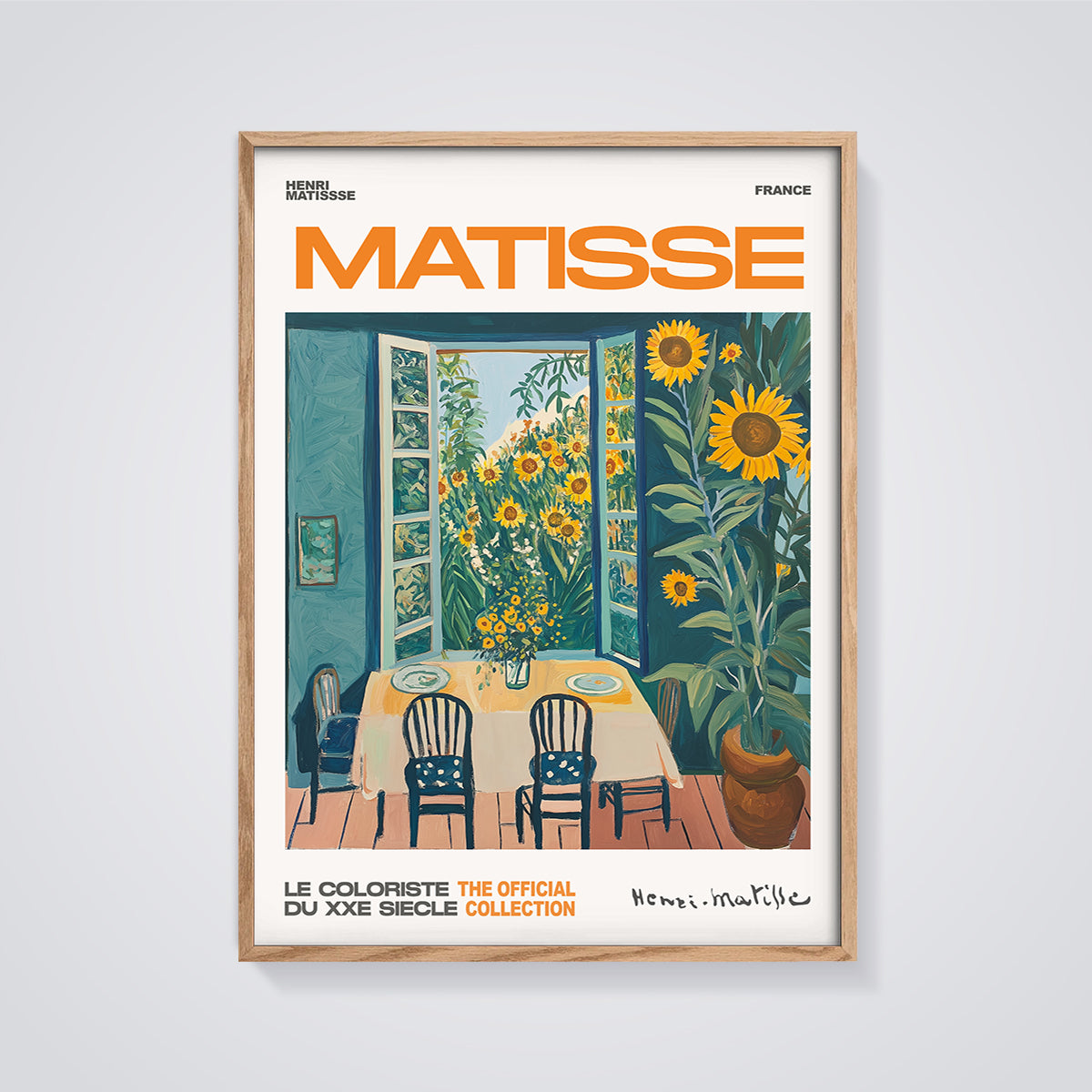 Matisse Interior Sunflowers Print framed in oak on a grey background