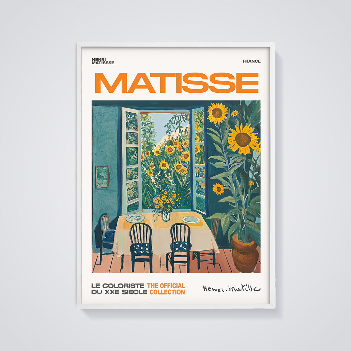 Matisse Interior Sunflowers Print framed in white on a grey background
