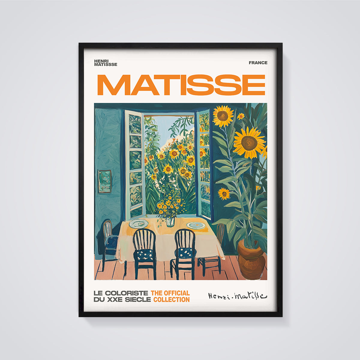 Matisse Interior Sunflowers Print framed in black on a grey background