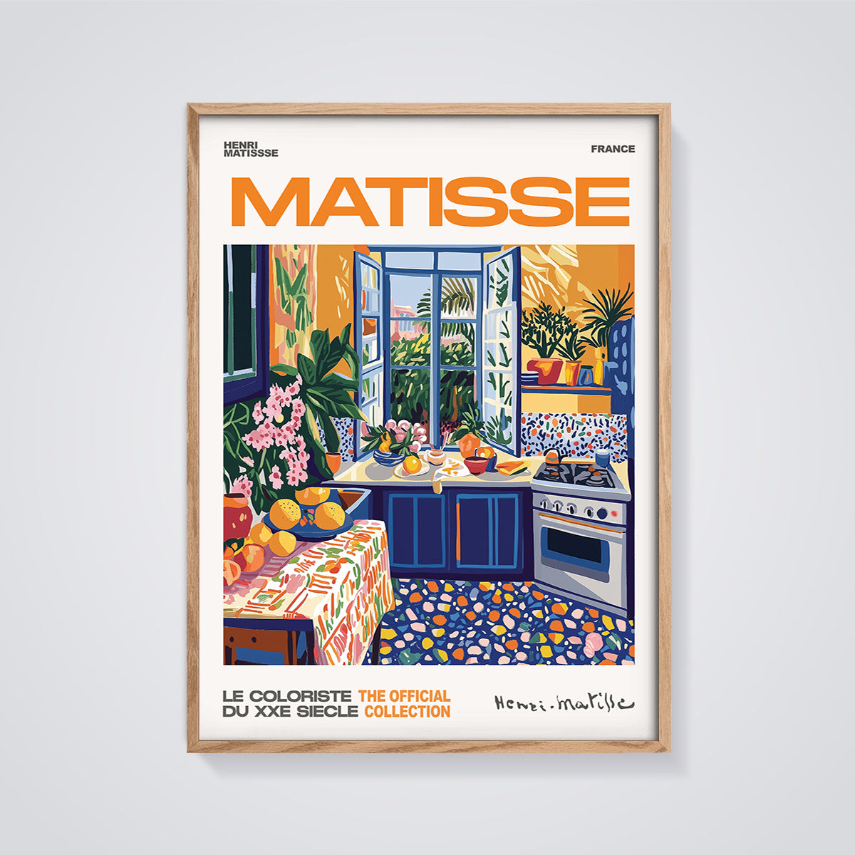 Matisse Kitchen Interior Print framed in oak on a grey background
