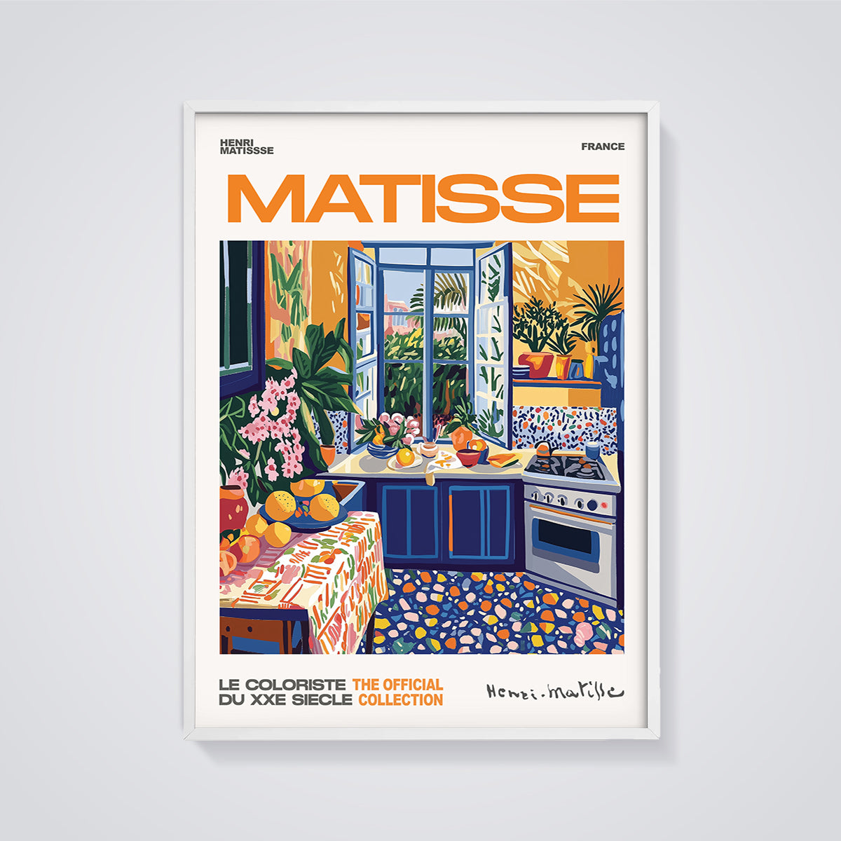 Matisse Kitchen Interior Print framed in white on a grey background