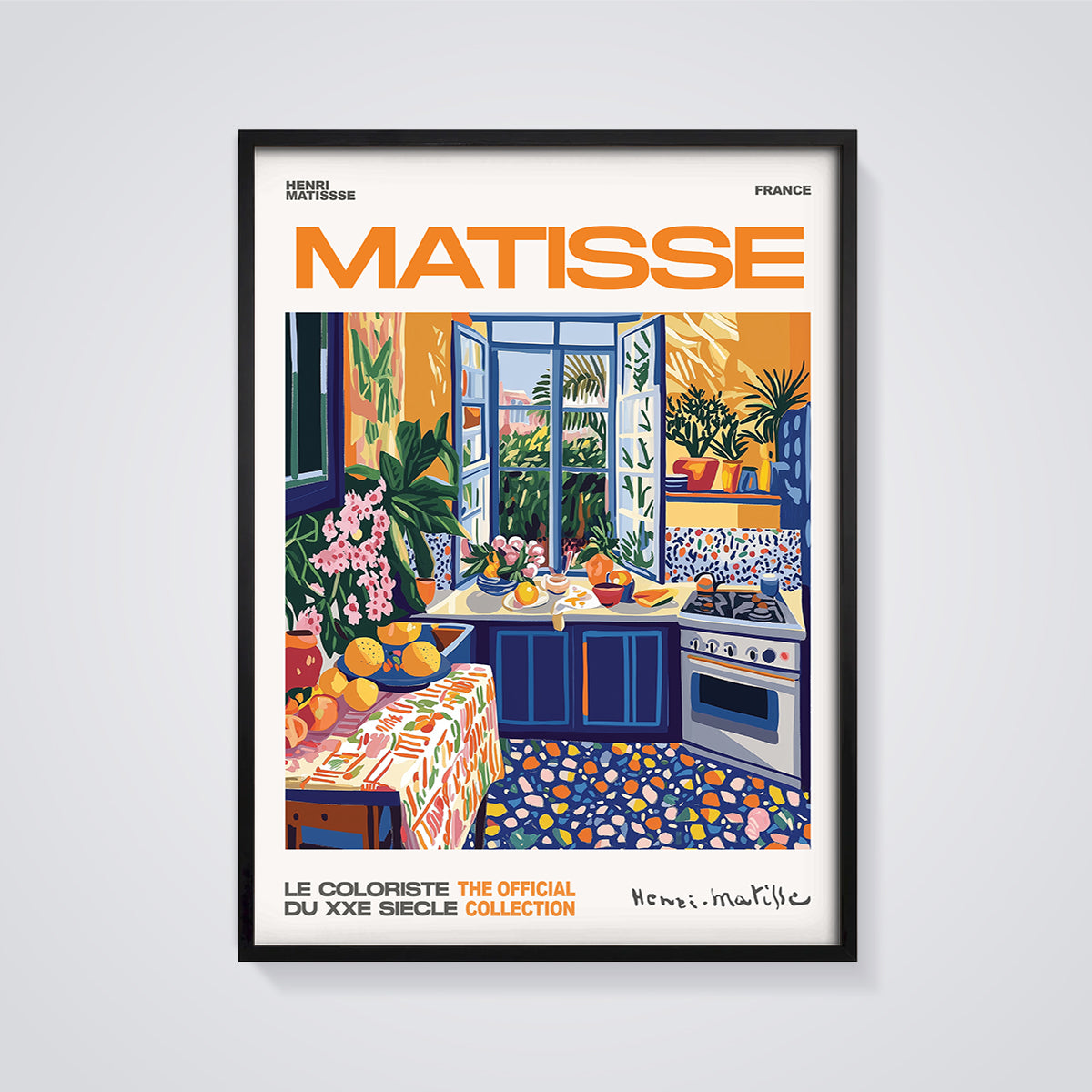 Matisse Kitchen Interior Print framed in black on a grey background