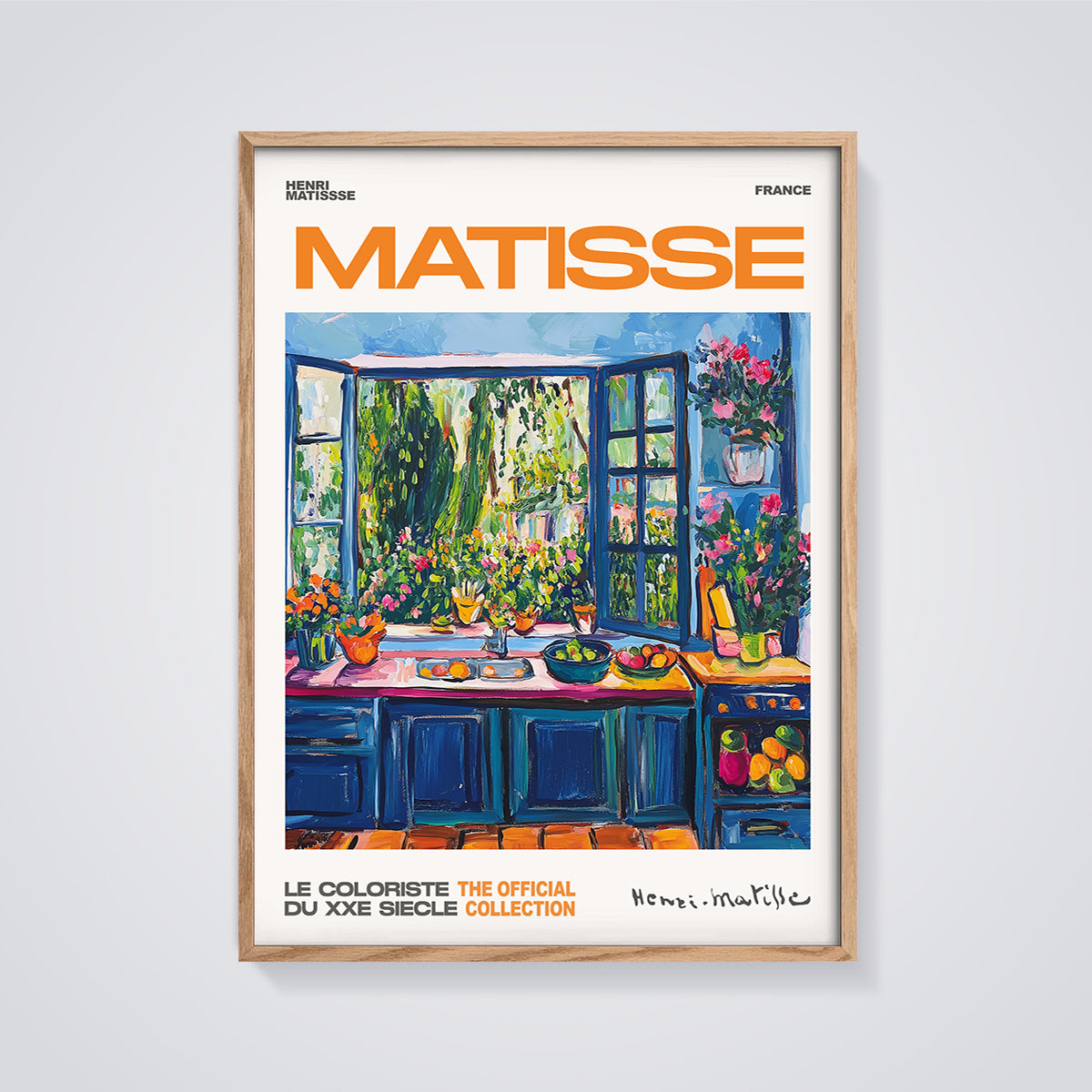 Matisse Kitchen Window Garden Print framed in oak on a grey background