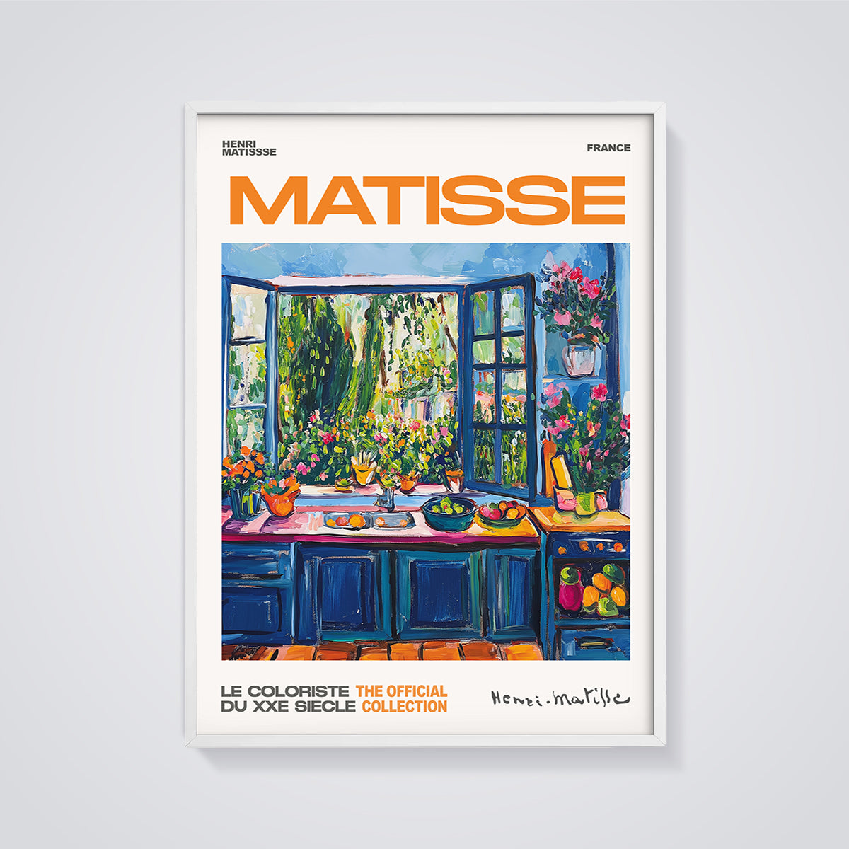 Matisse Kitchen Window Garden Print framed in white on a grey background