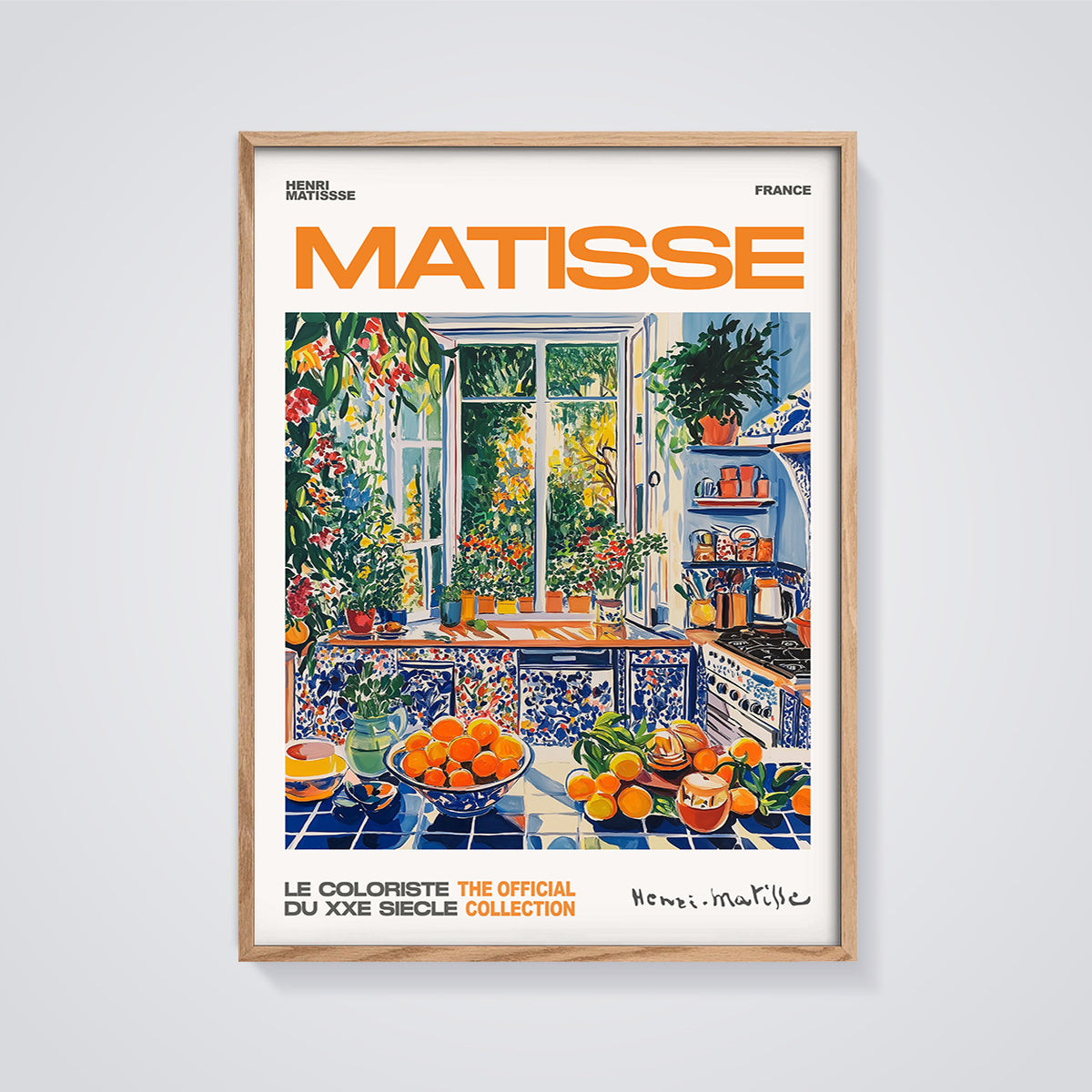 Matisse Kitchen Window Print framed in oak on a grey background