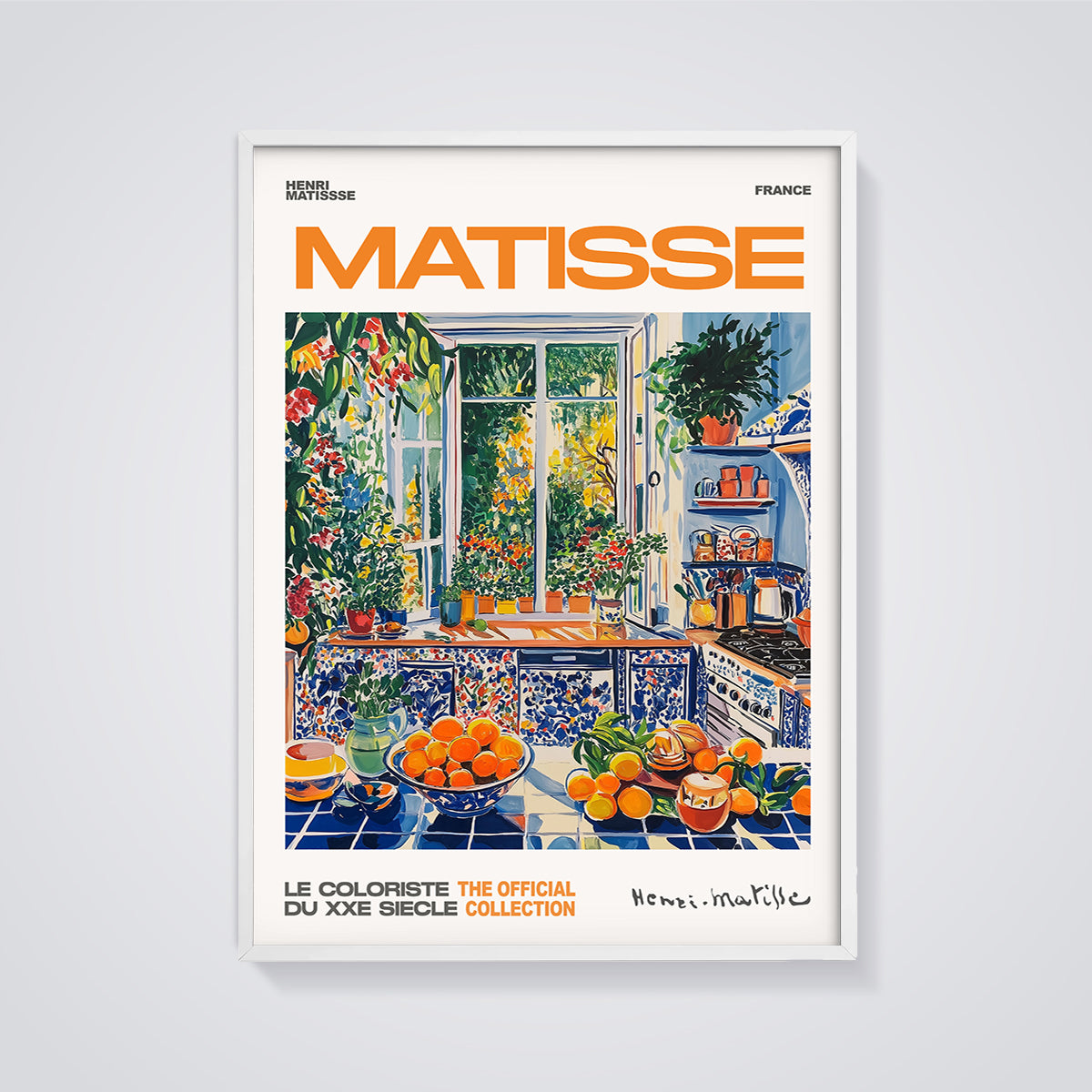 Matisse Kitchen Window Print framed in white on a grey background