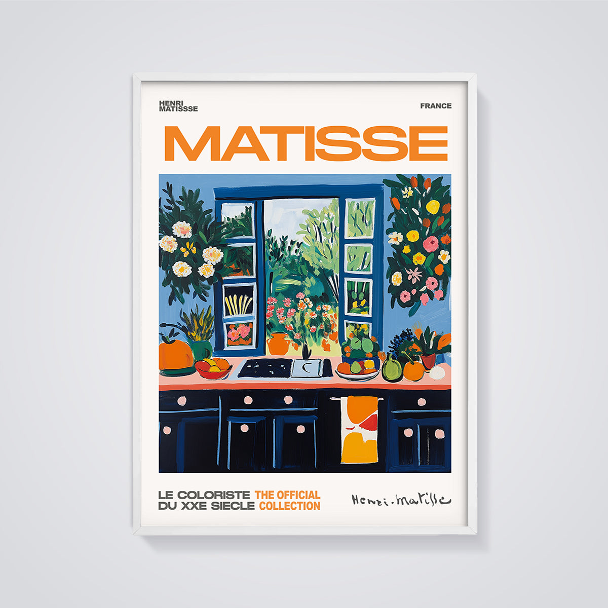 Matisse Kitchen Window Print Aesthetic framed in white on a grey background