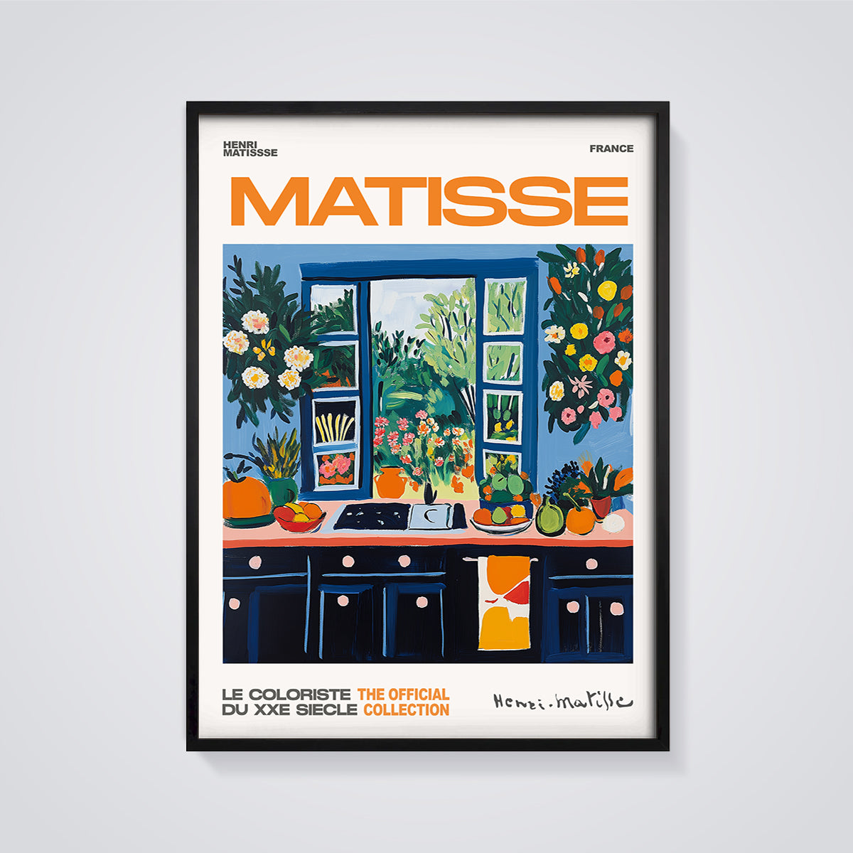 Matisse Kitchen Window Print Aesthetic framed in black on a grey background