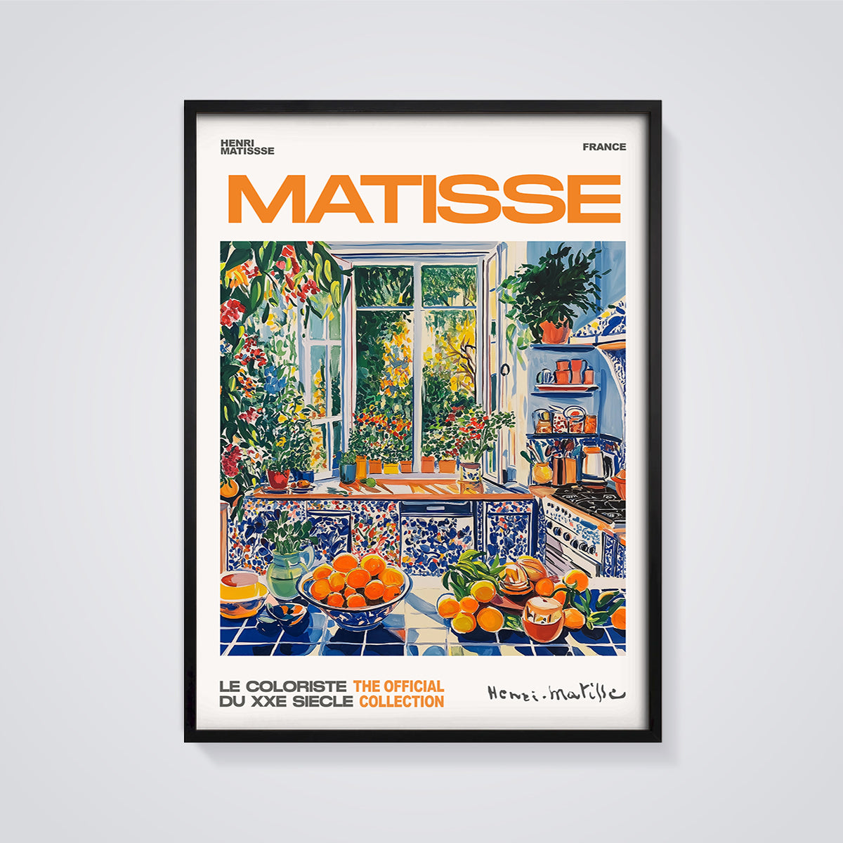 Matisse Kitchen Window Print framed in black on a grey background
