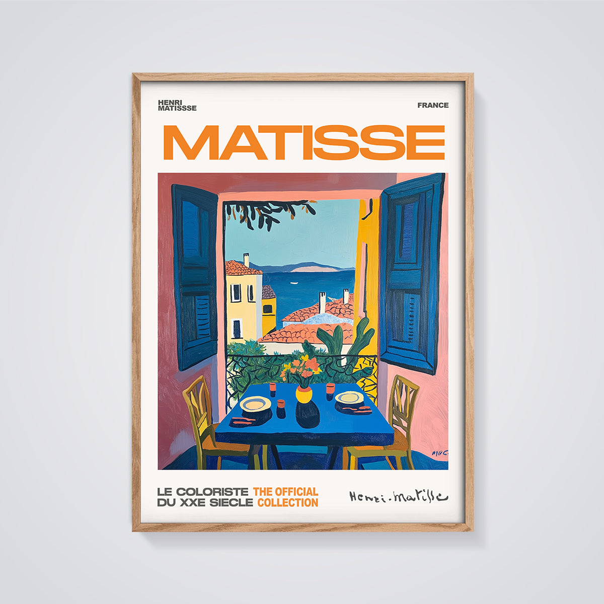 Matisse Mediterranean Balcony View Print framed in oak on a grey background