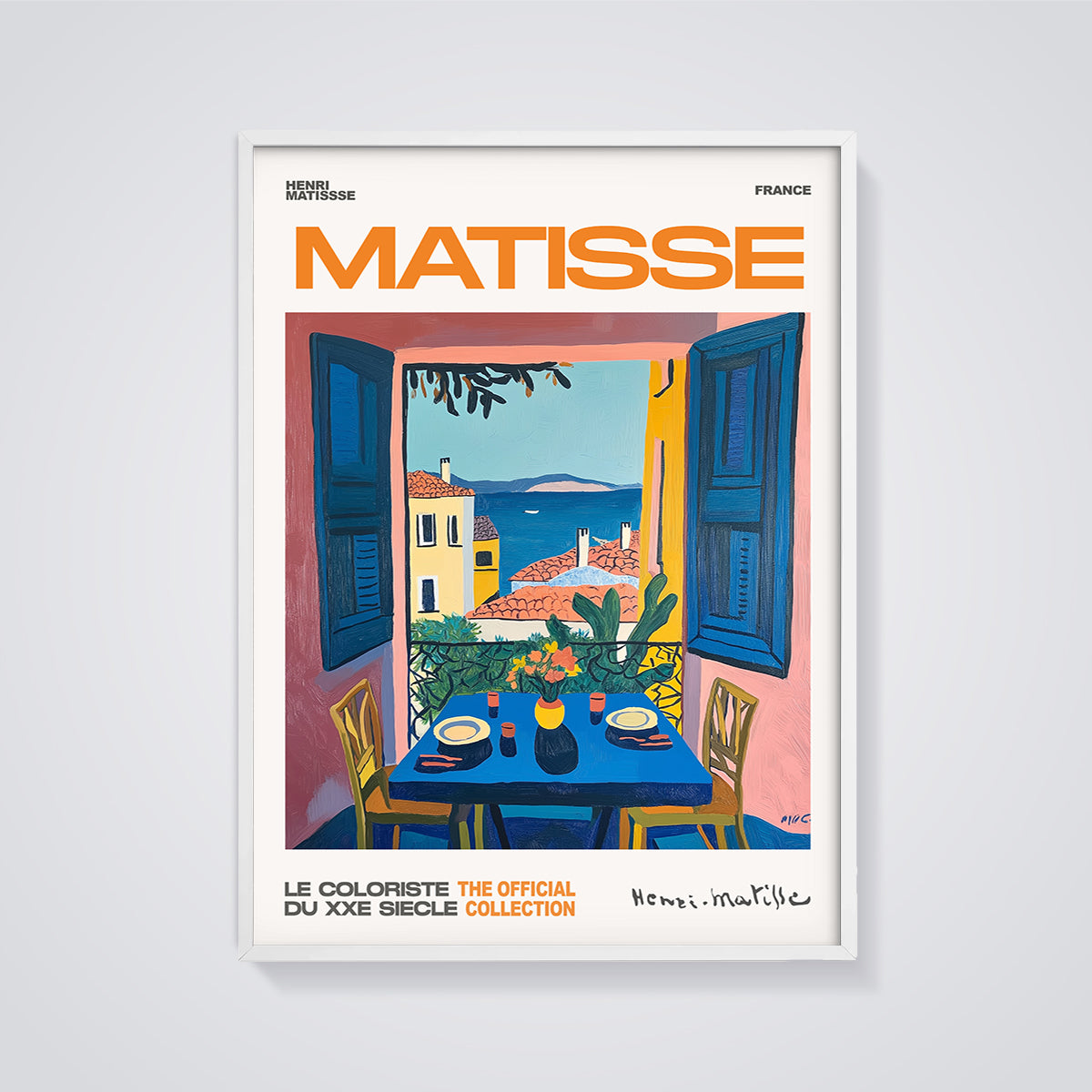 Matisse Mediterranean Balcony View Print framed in white on a grey background