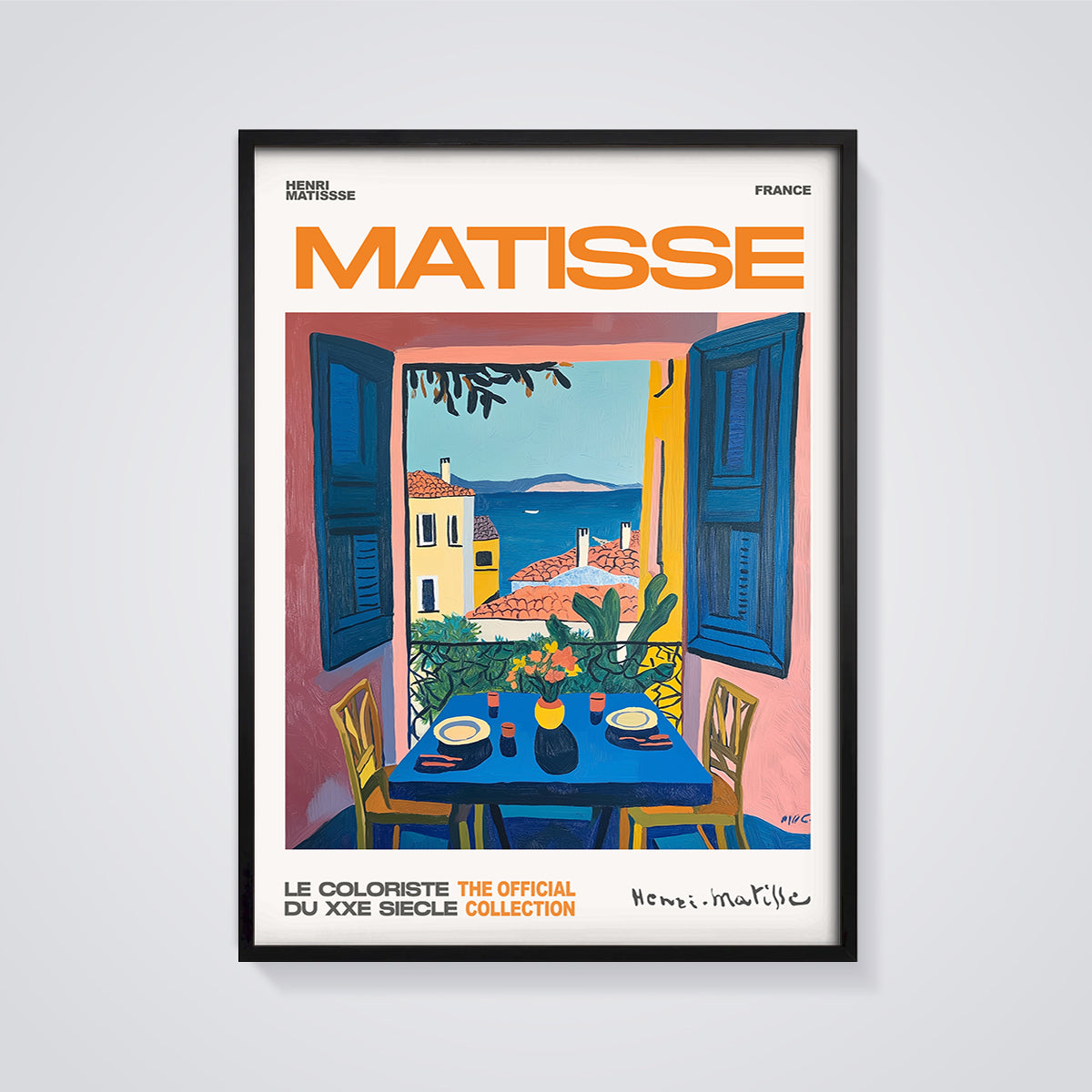 Matisse Mediterranean Balcony View Print framed in black on a grey background