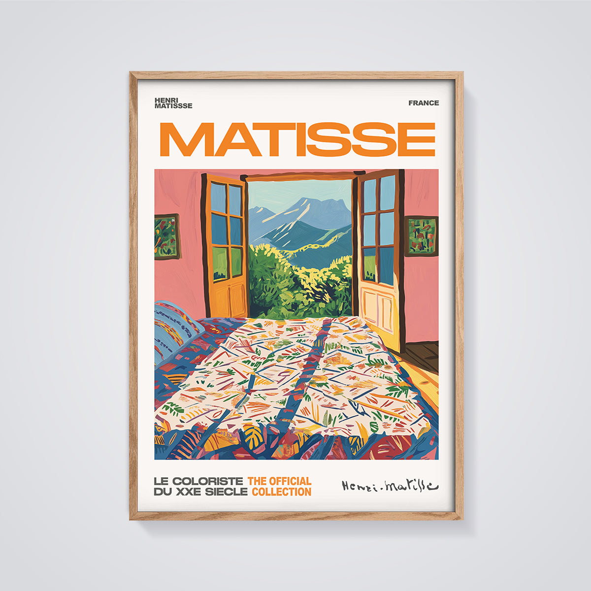 Matisse Official Open Window Print framed in oak on a grey background