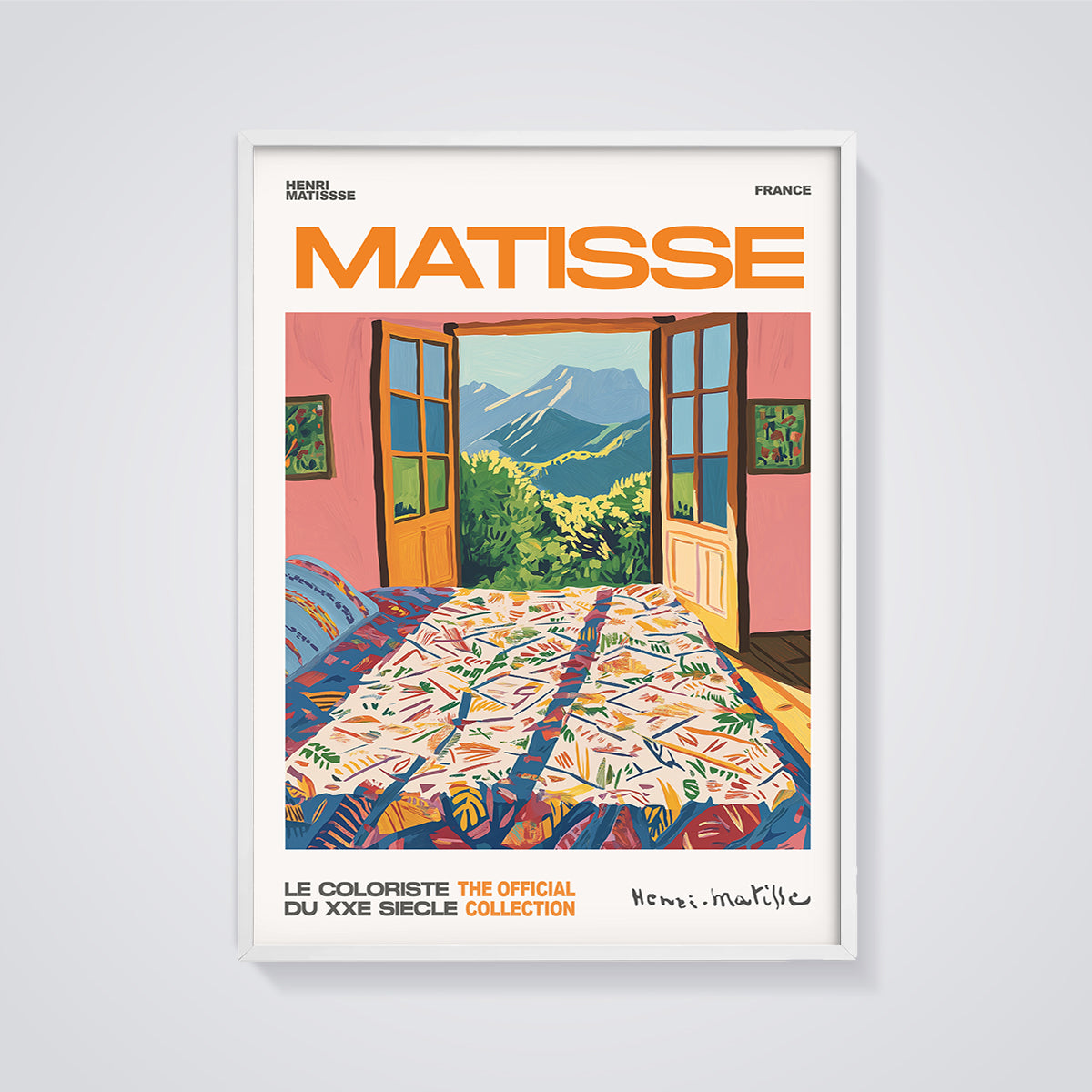 Matisse Official Open Window Print framed in white on a grey background
