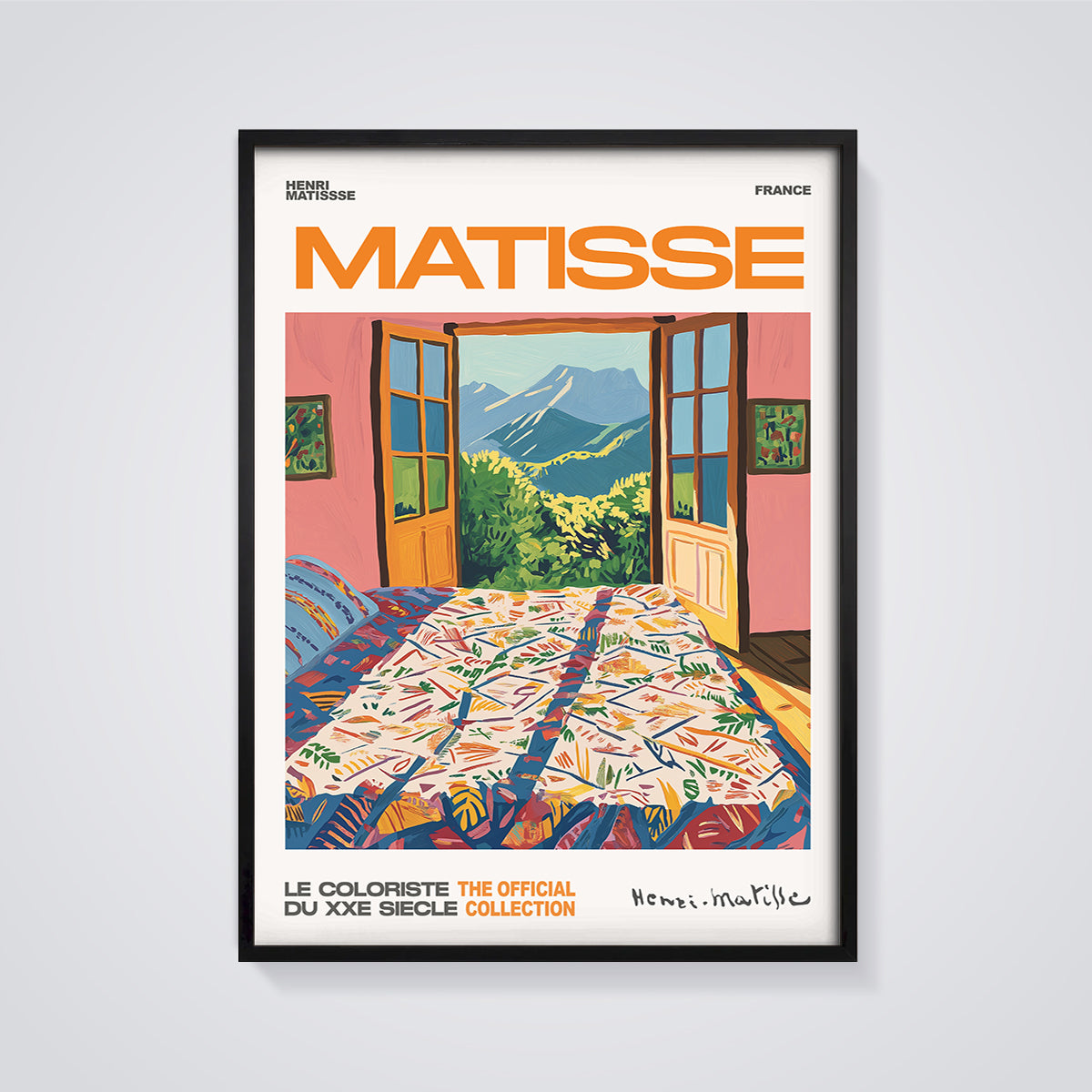 Matisse Official Open Window Print framed in black on a grey background