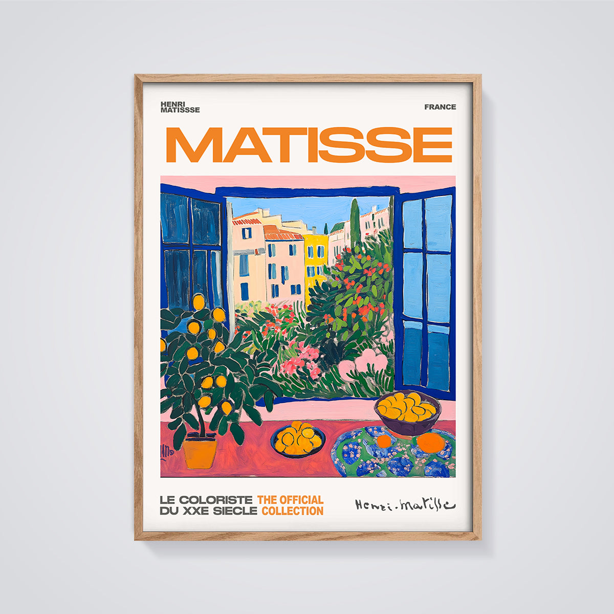 Matisse Open Window Citrus Print framed in oak on a grey background