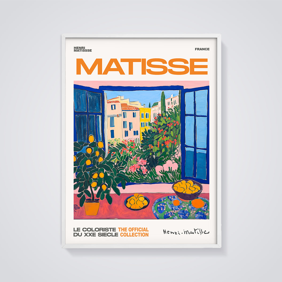 Matisse Open Window Citrus Print framed in white on a grey background