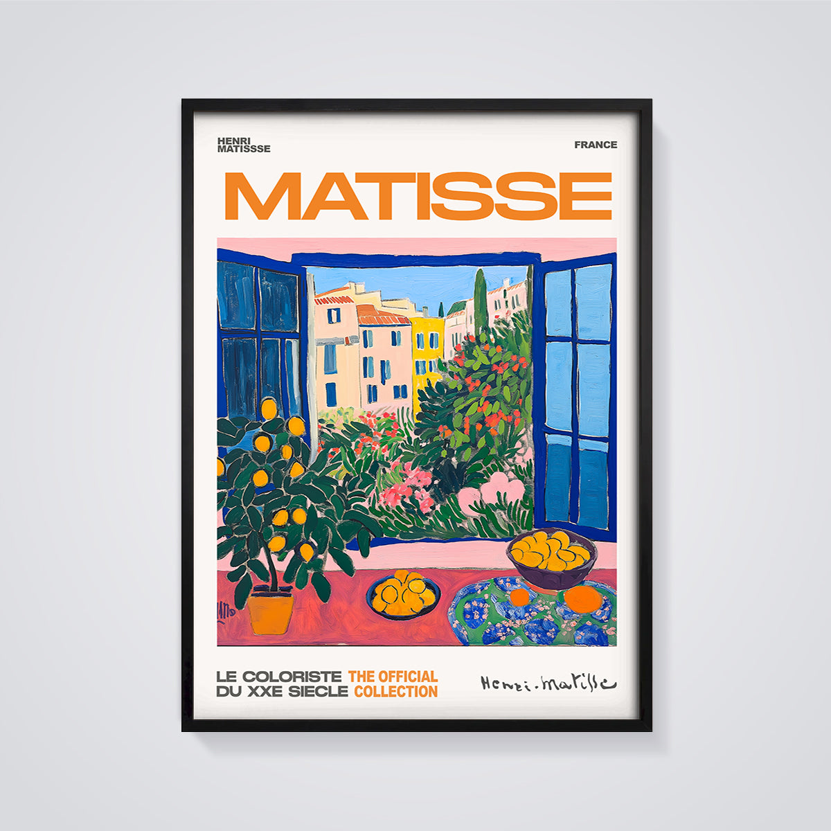 Matisse Open Window Citrus Print framed in black on a grey background