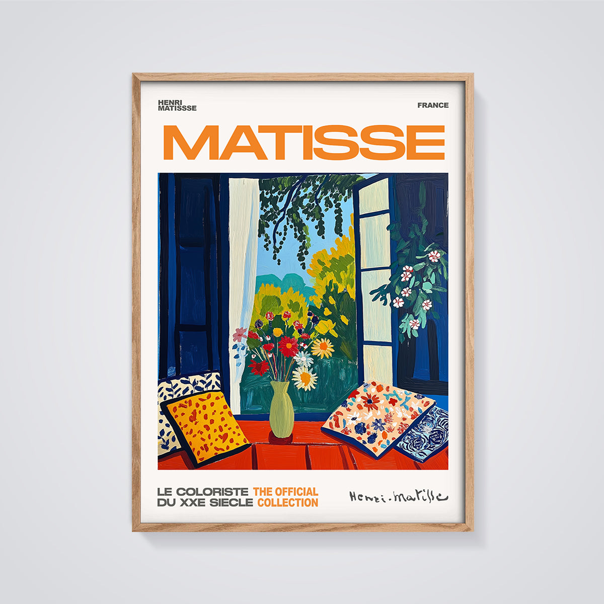 Matisse Open Window Collioure Print framed in oak on a grey background