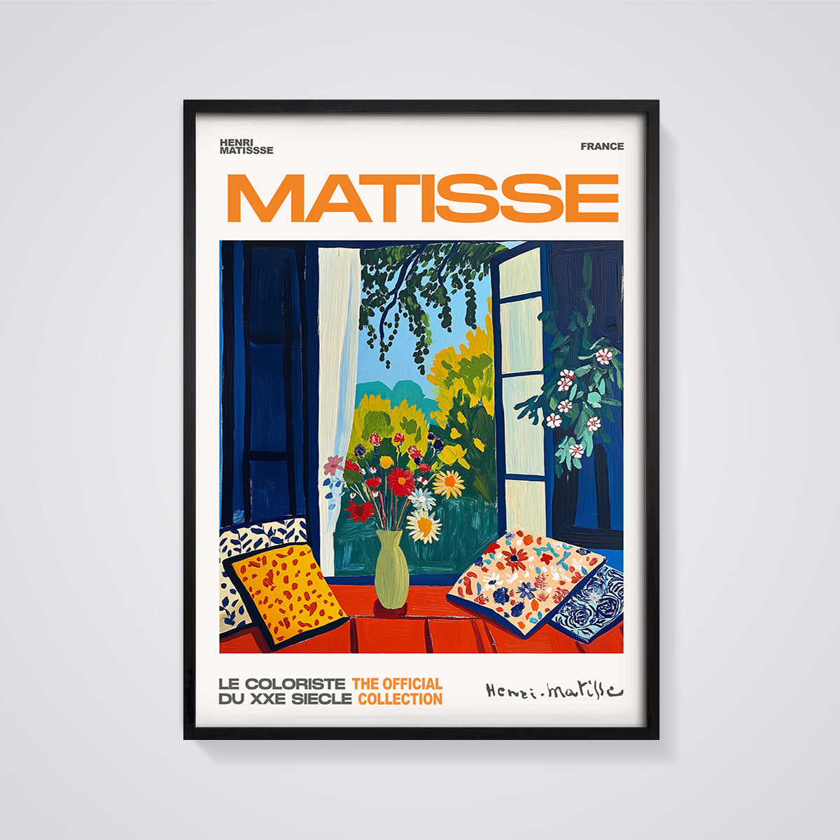 Matisse Open Window Collioure Print framed in black on a grey background
