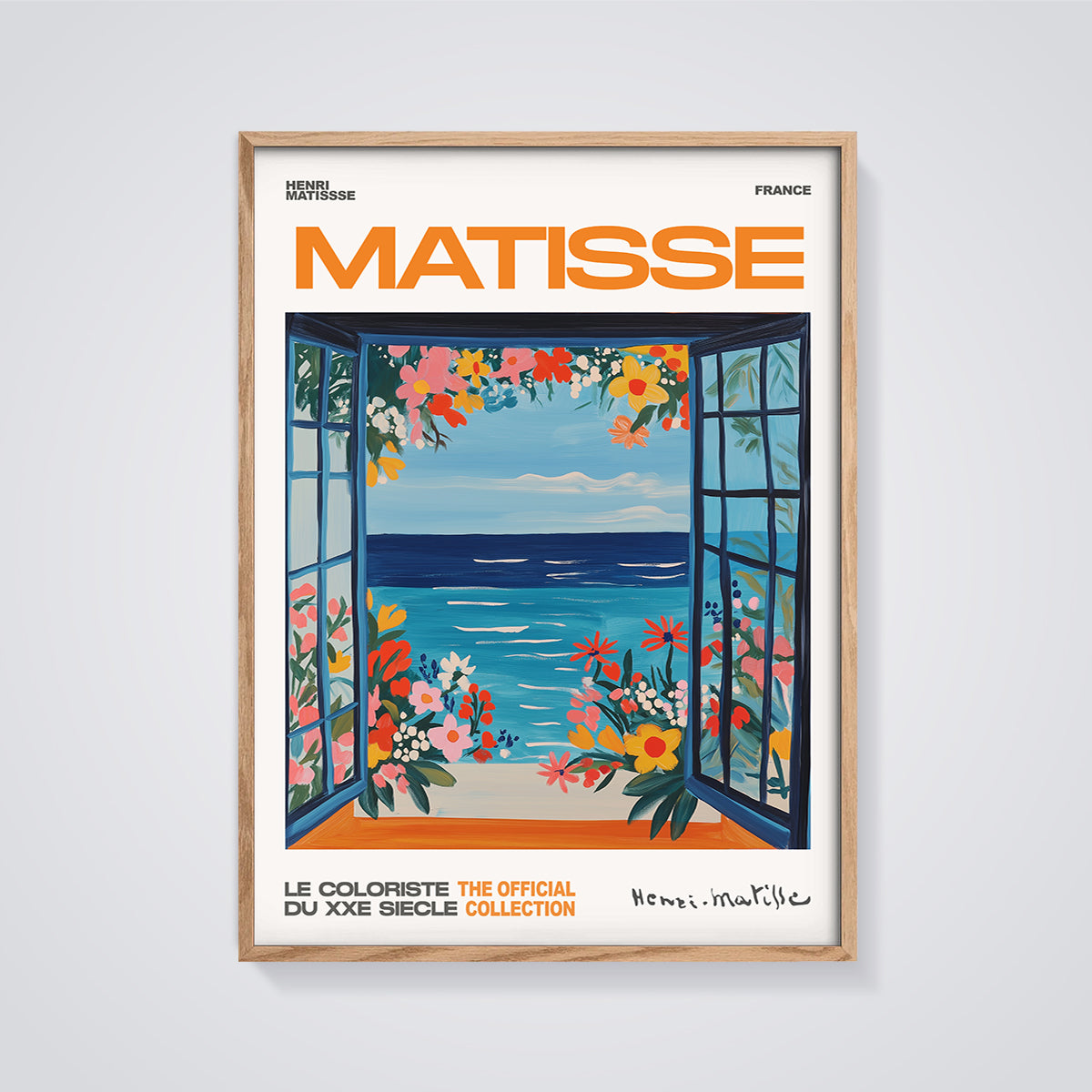 Matisse Open Window Flowers Print framed in oak on a grey background