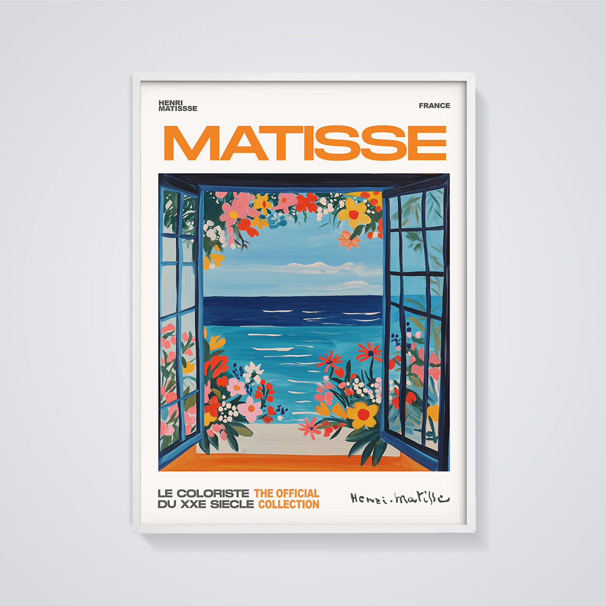 Matisse Open Window Flowers Print framed in white on a grey background