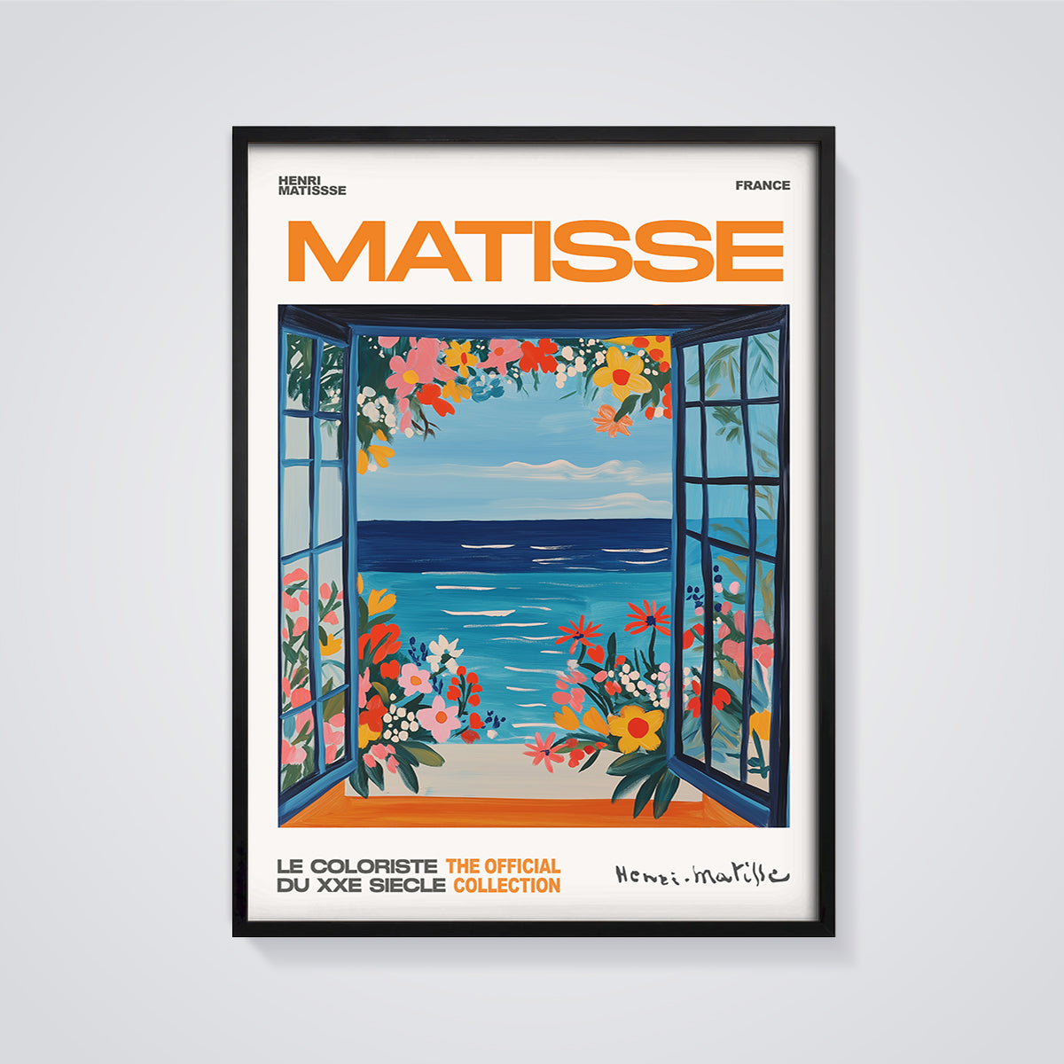 Matisse Open Window Flowers Print framed in black on a grey background