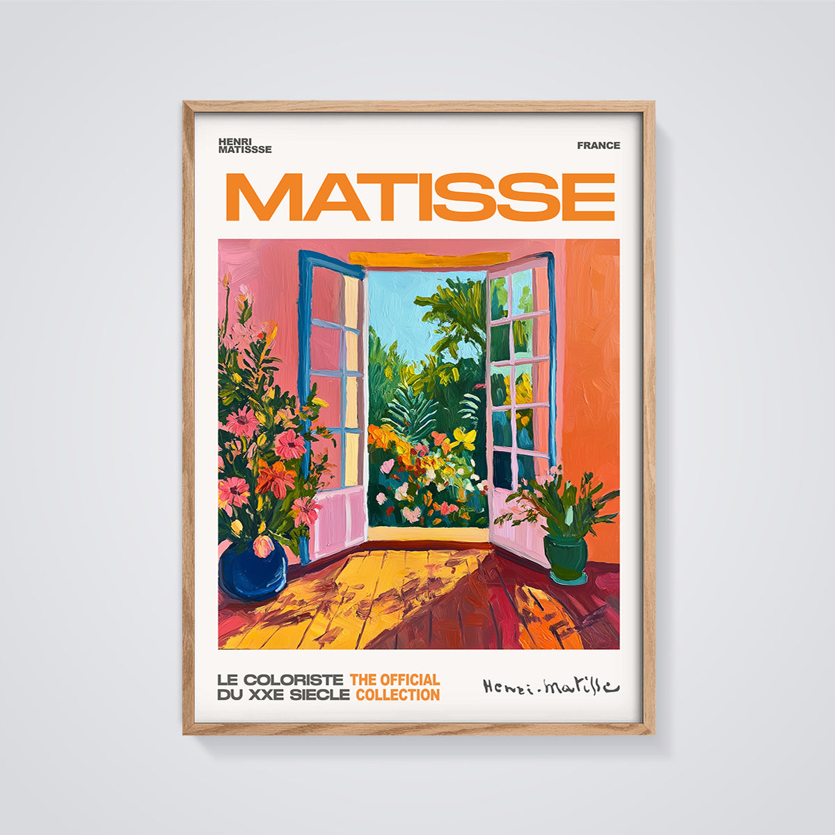 Matisse Open Window Garden Poster Print framed in oak on a grey background