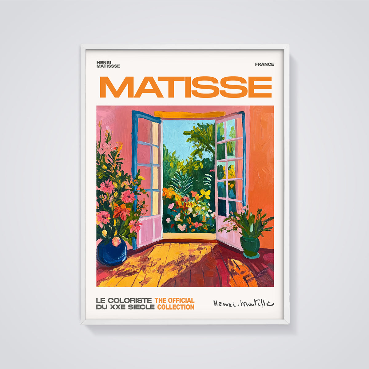 Matisse Open Window Garden Poster Print framed in white on a grey background