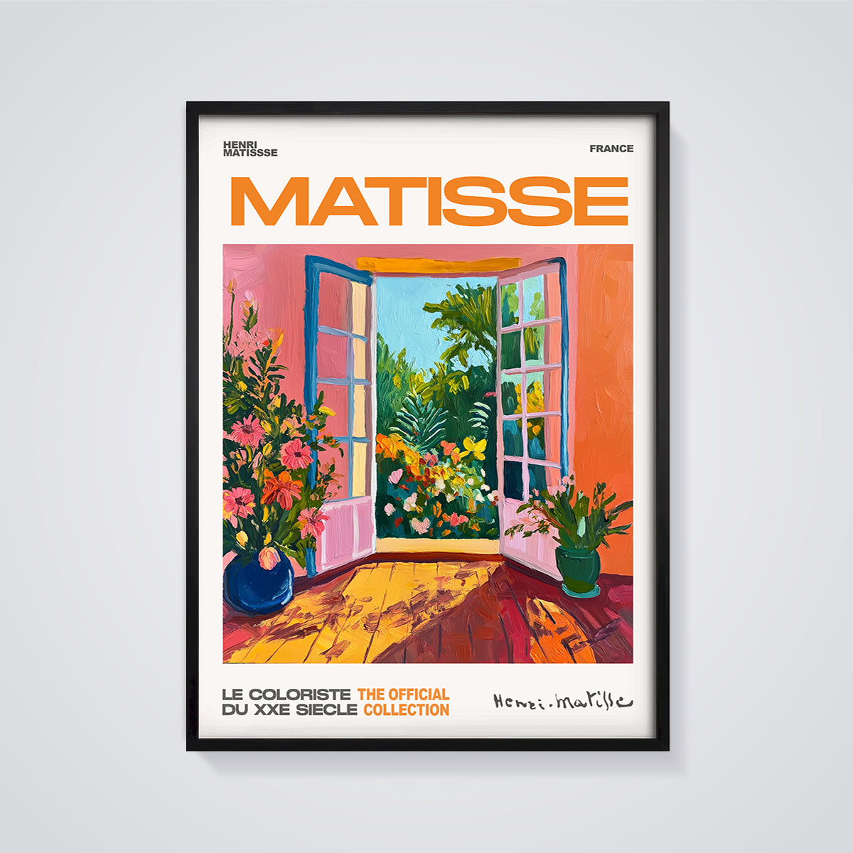 Matisse Open Window Garden Poster Print framed in black on a grey background