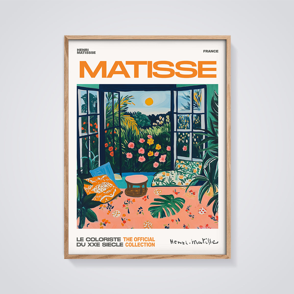 Matisse Open Window Garden Print framed in oak on a grey background