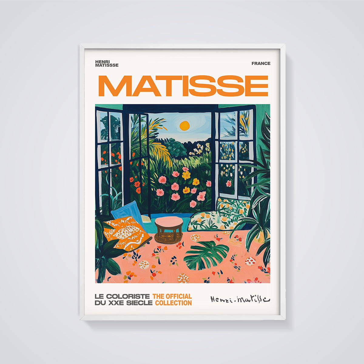 Matisse Open Window Garden Print framed in white on a grey background