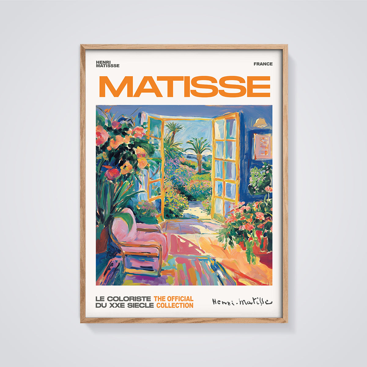 Matisse Open Window Garden Print Aesthetic framed in oak on a grey background