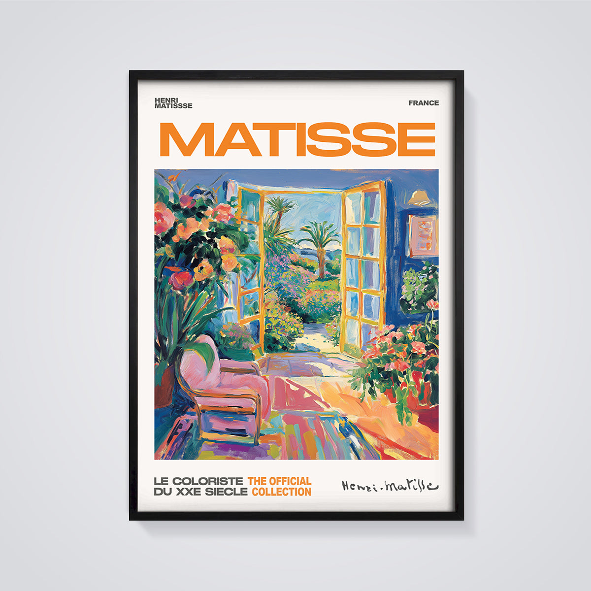 Matisse Open Window Garden Print Aesthetic framed in black on a grey background