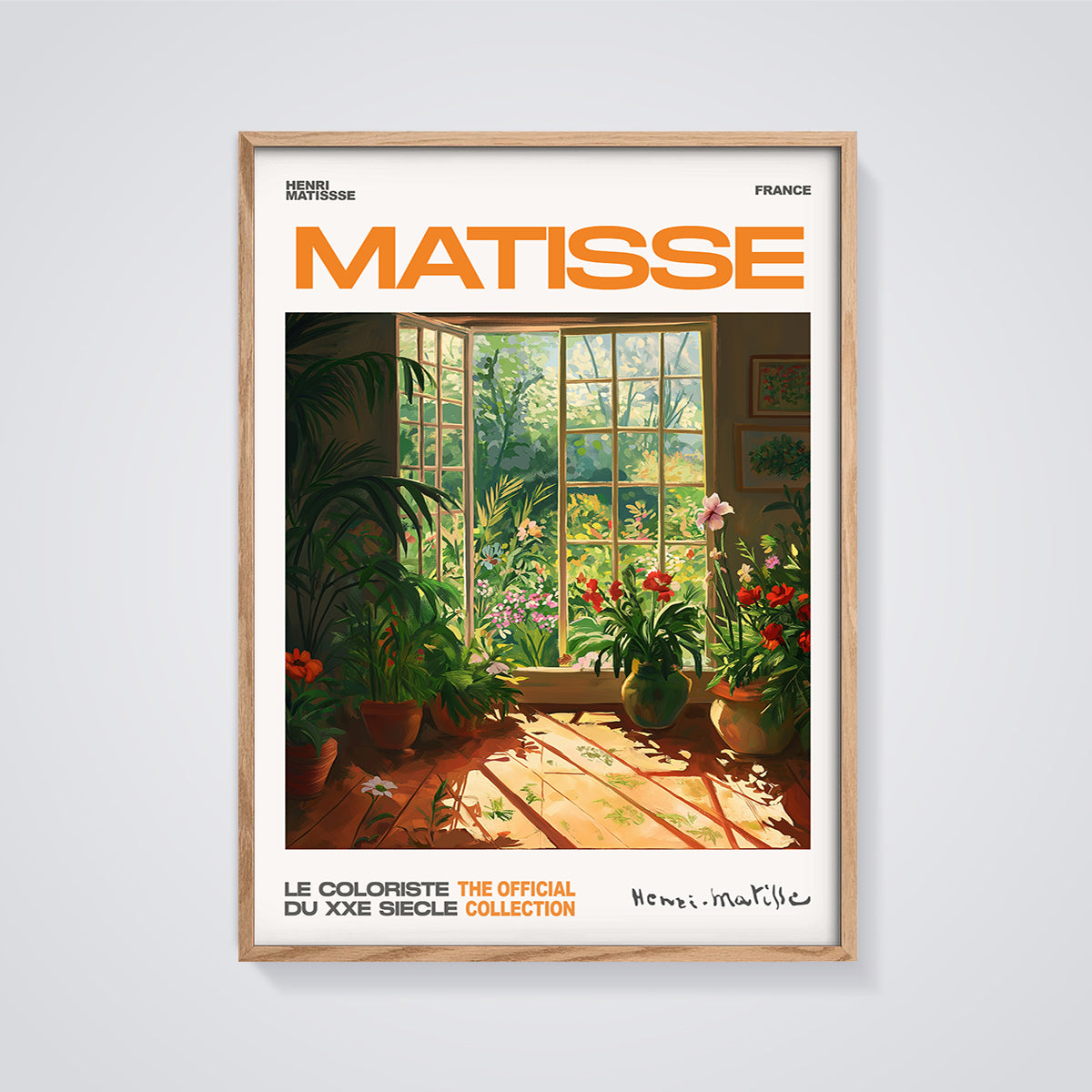 Matisse Open Window Garden Print Art framed in oak on a grey background