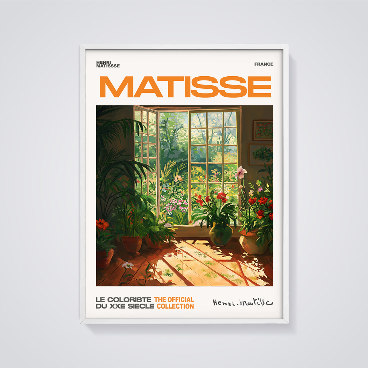 Matisse Open Window Garden Print Art framed in white on a grey background