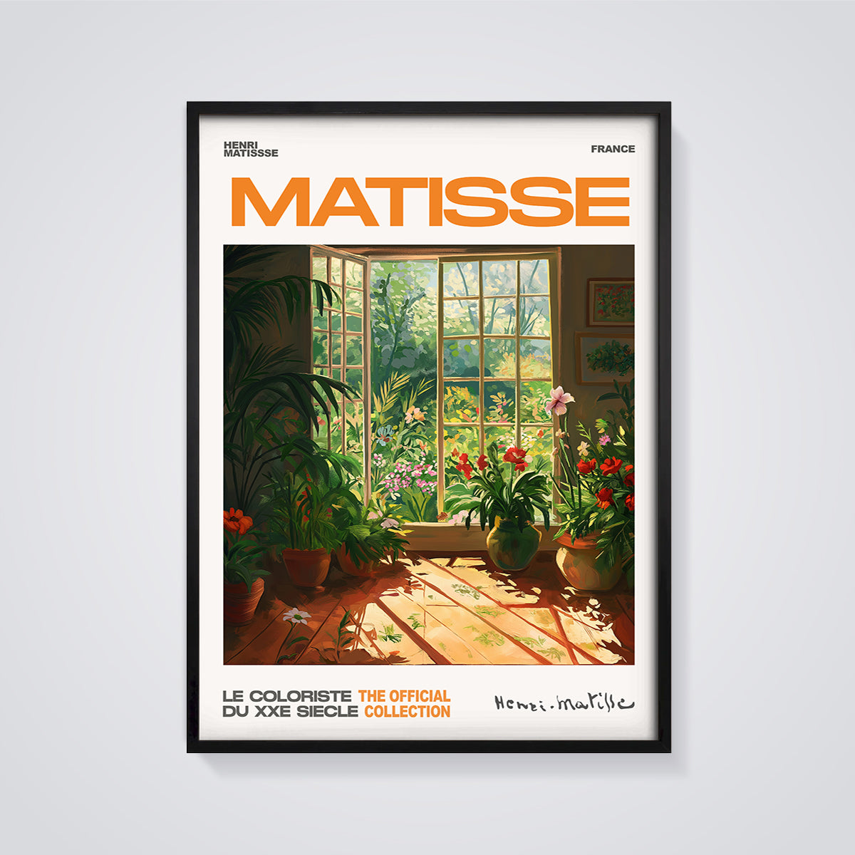 Matisse Open Window Garden Print Art framed in black on a grey background