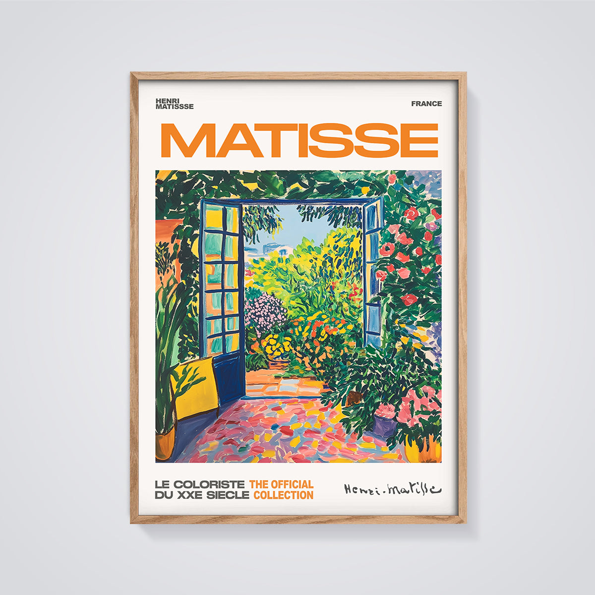Matisse Open Window Garden Print Poster framed in oak on a grey background